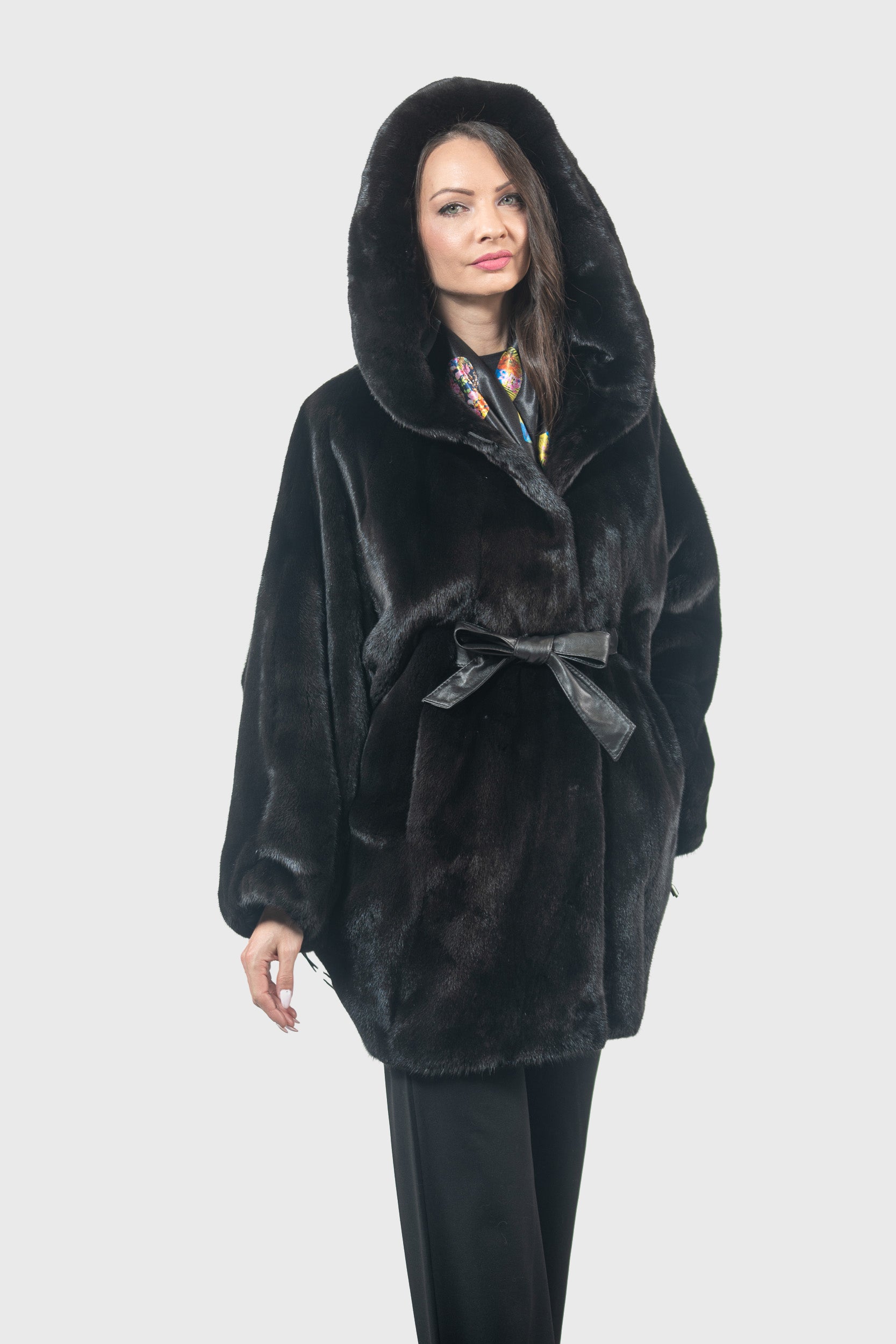 Blackglama Mink Hooded Let-Out Half Coat L/O18M011H