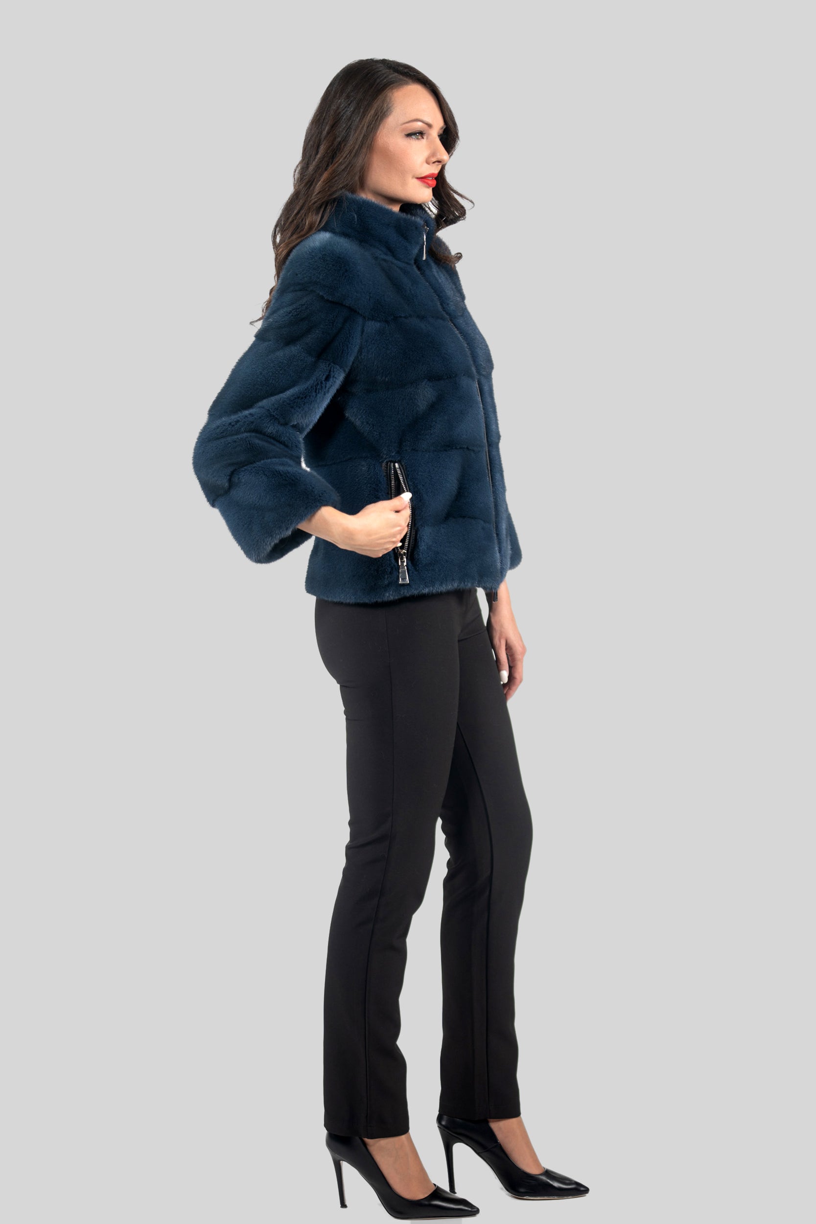 Blue Jean Mink Jacket with Stand Collar and Zipper P/K13C224