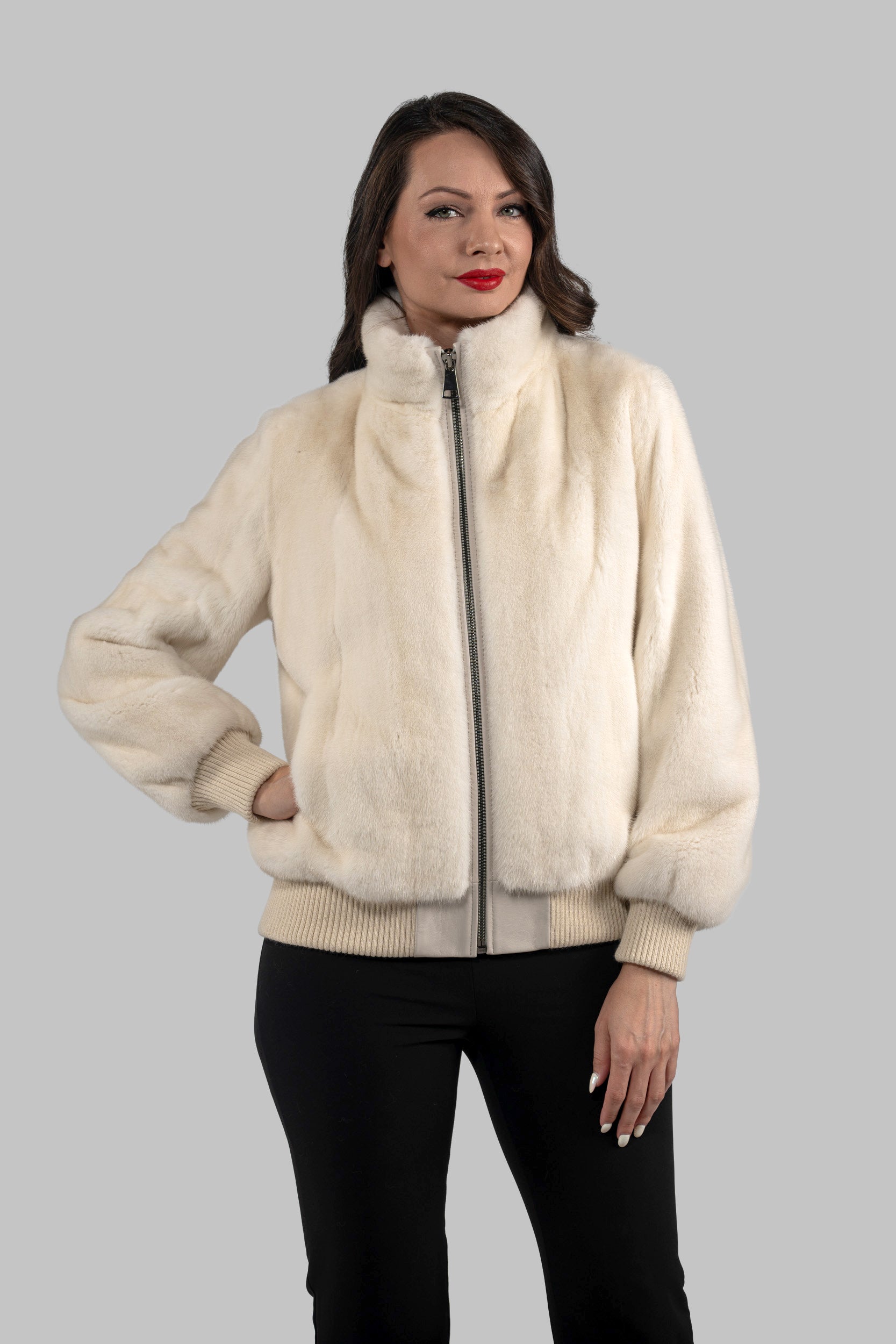 Beige Mink Bomber Jacket with Stand Collar L/O13C224