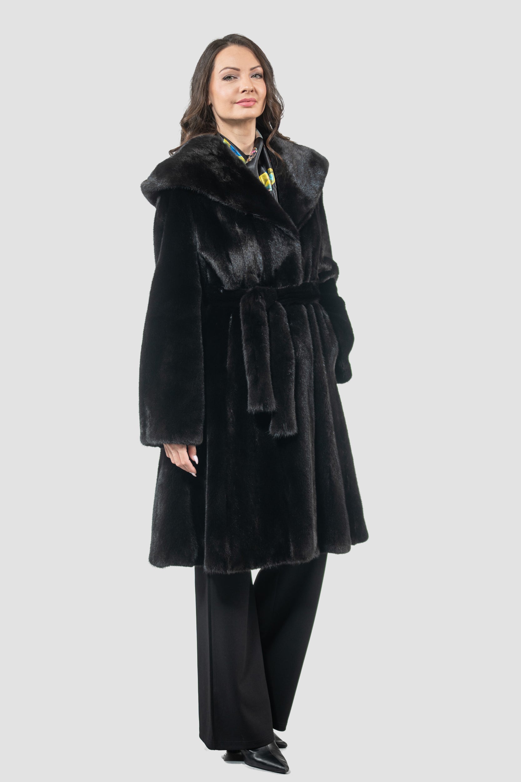 Blackgalama Mink Hooded Half Coat with Belt L/OGADEH