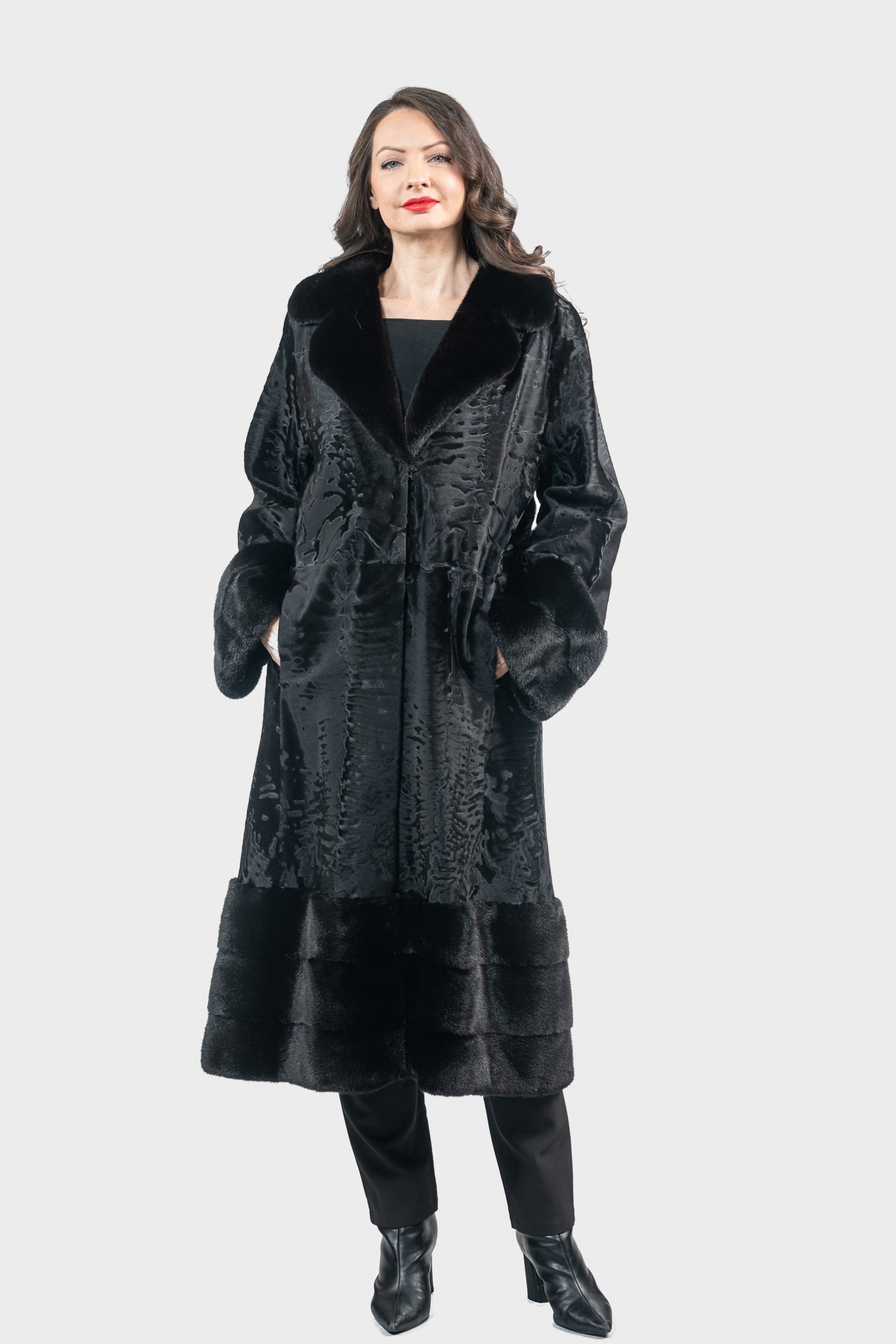 Black Swakara Coat with Mink Trim S/S13C976