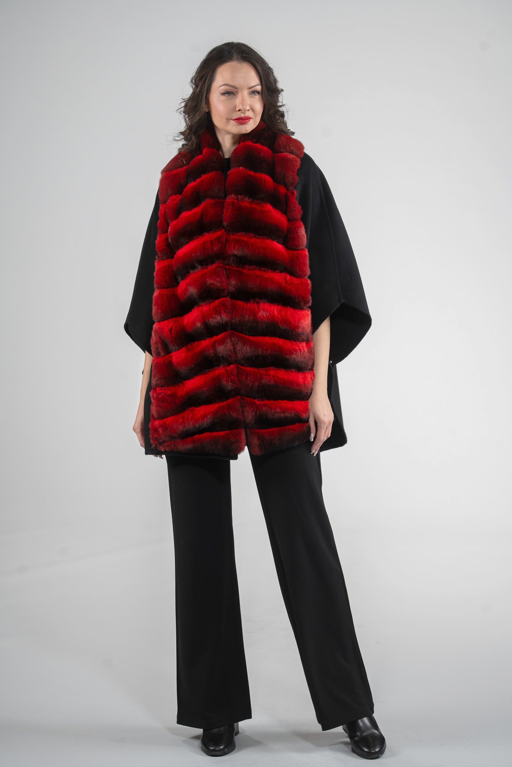 Black Cashmere Cape with Red Chinchilla Trim 18M950