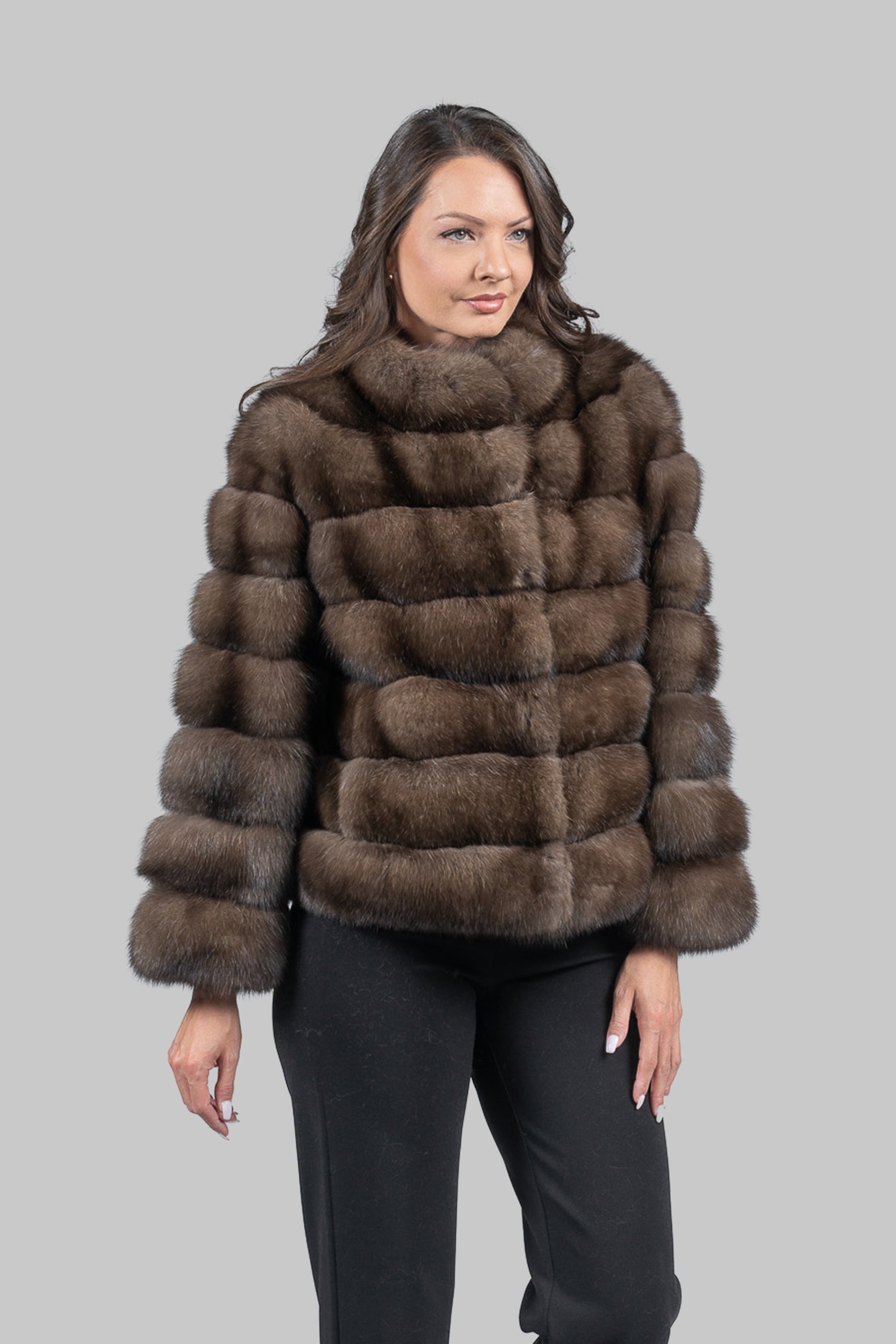 Graphite Russian Sable Cropped Jacket with Stand Collar P/K13C528