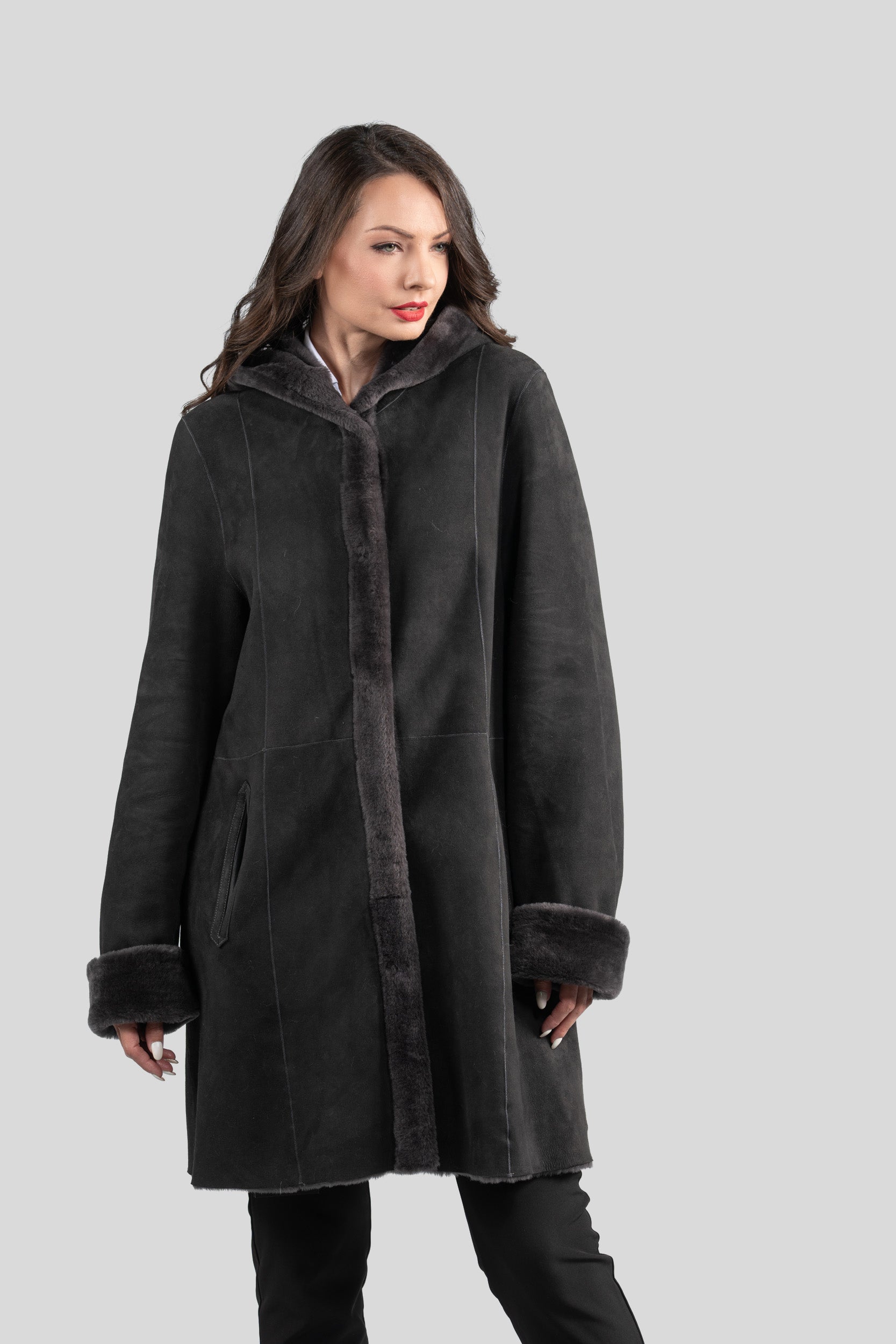 Hooded Gray Half Coat in Spanish Merino 207H