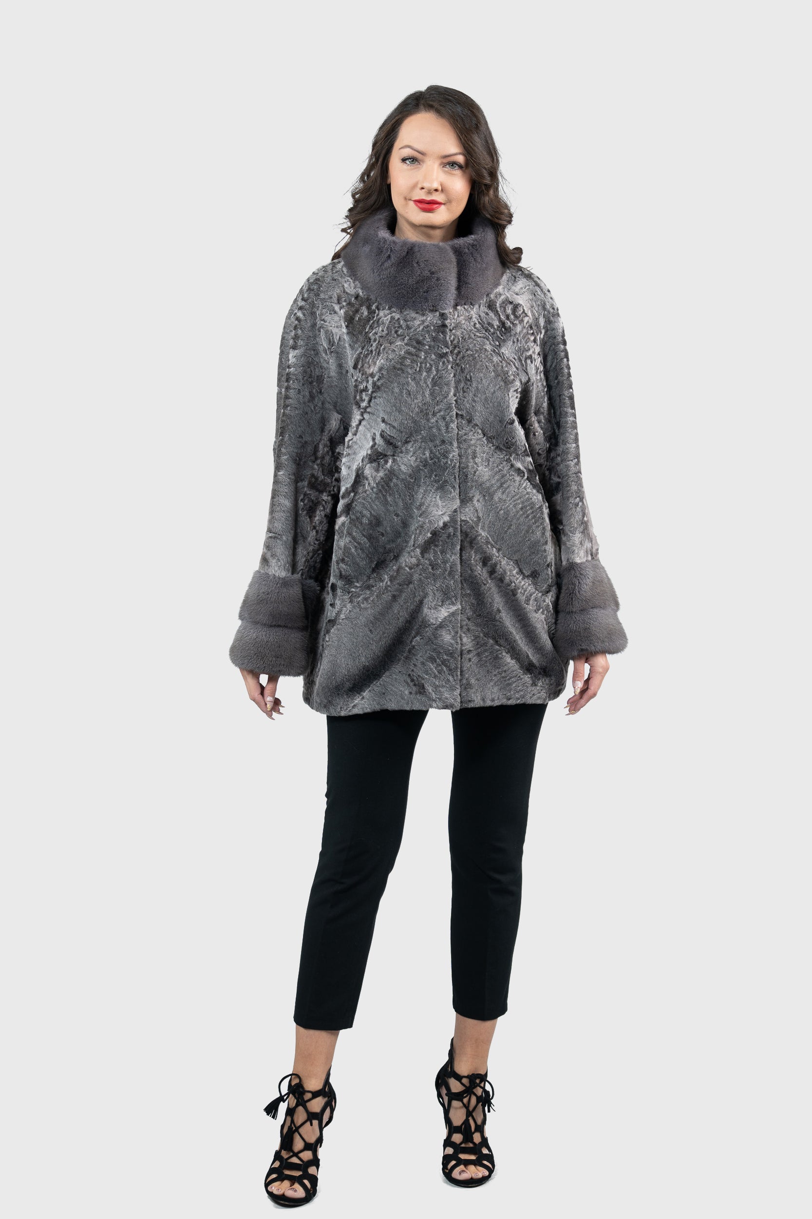 Grey Moon Swakara Half Coat with Mink Trim A/K13C848