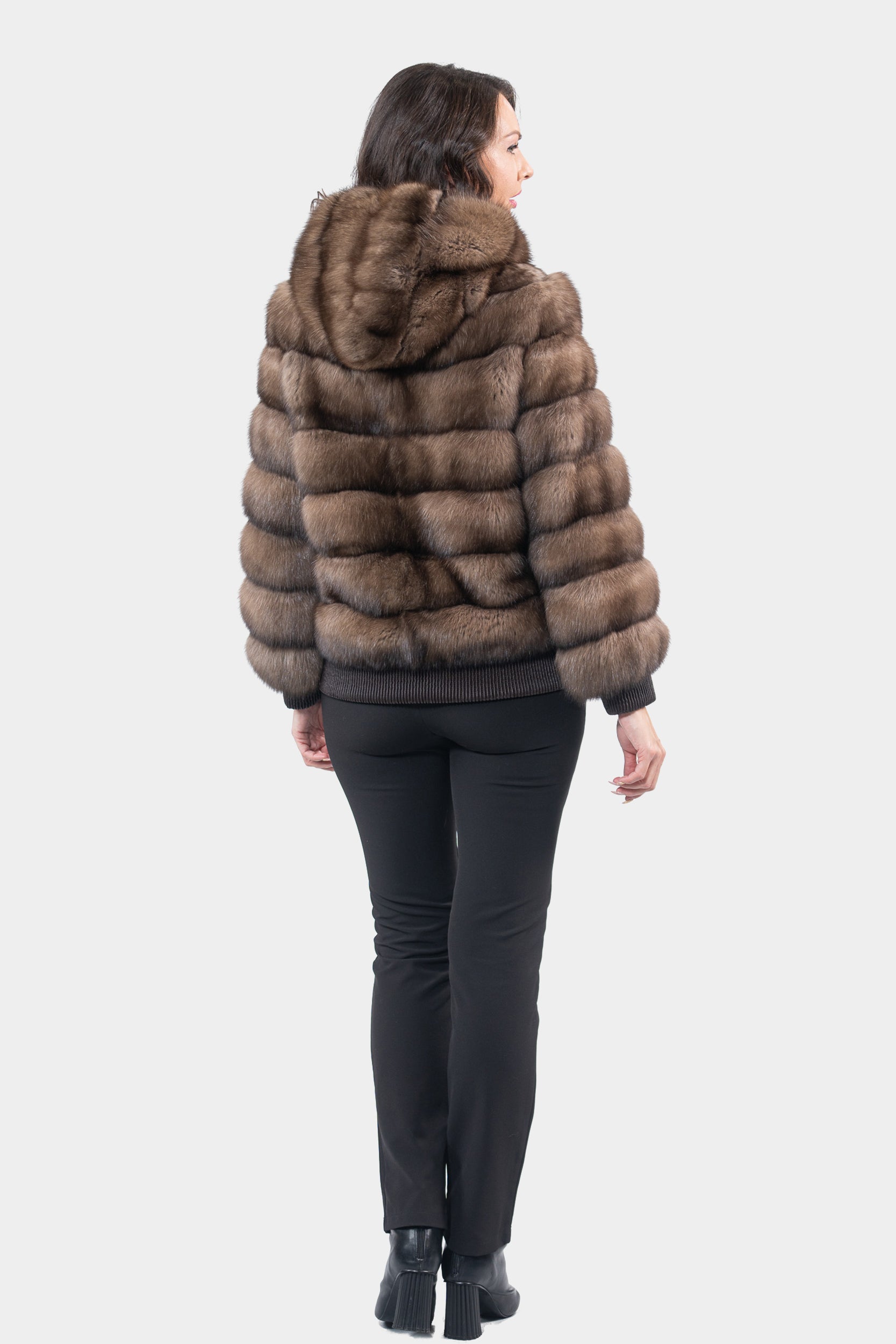 Reversible Titanium Russian Sable Bomber Jacket with Attached Hood P/K228H