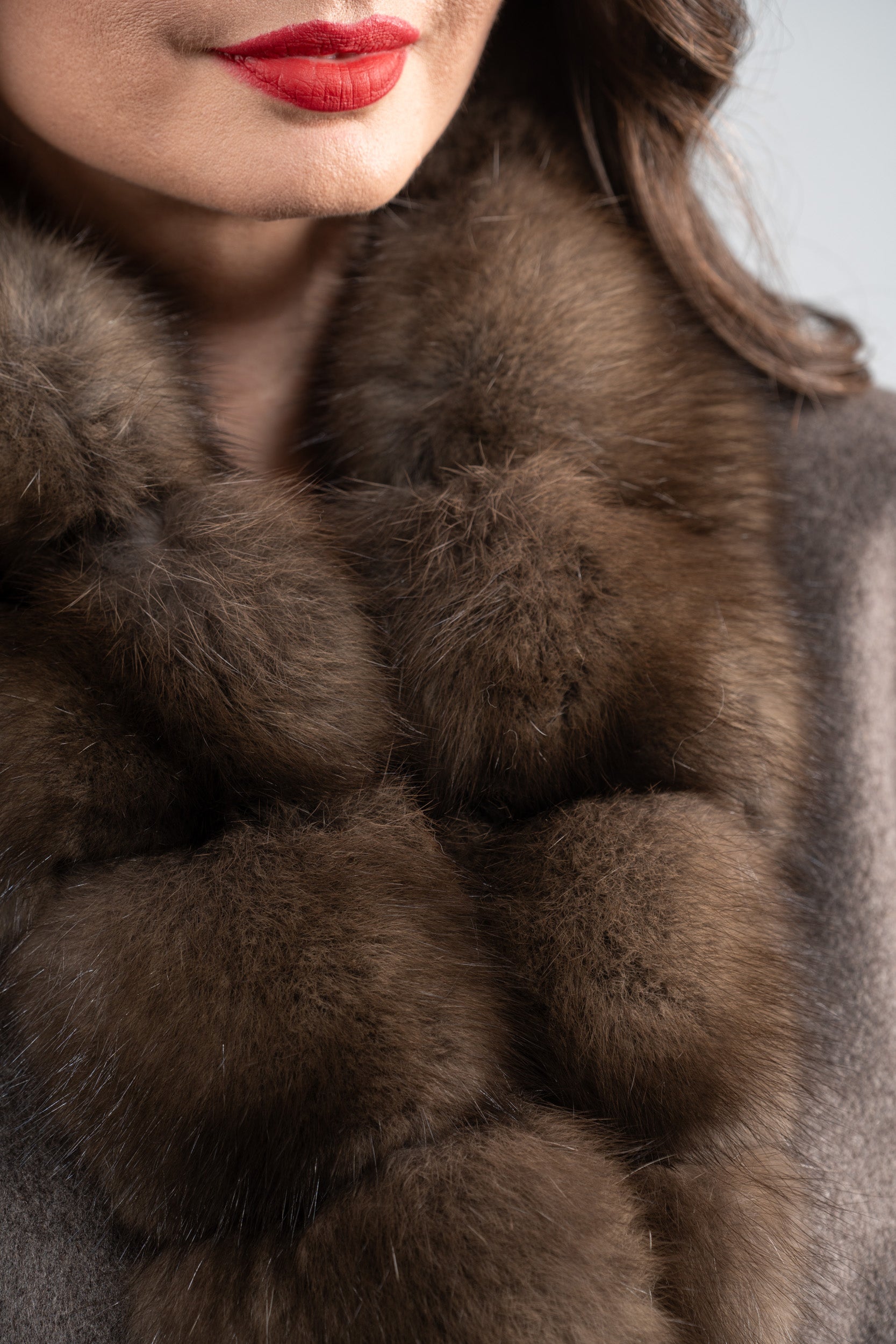 Brown Grey Cashmere Coat with Russian Sable Trim 21C6080