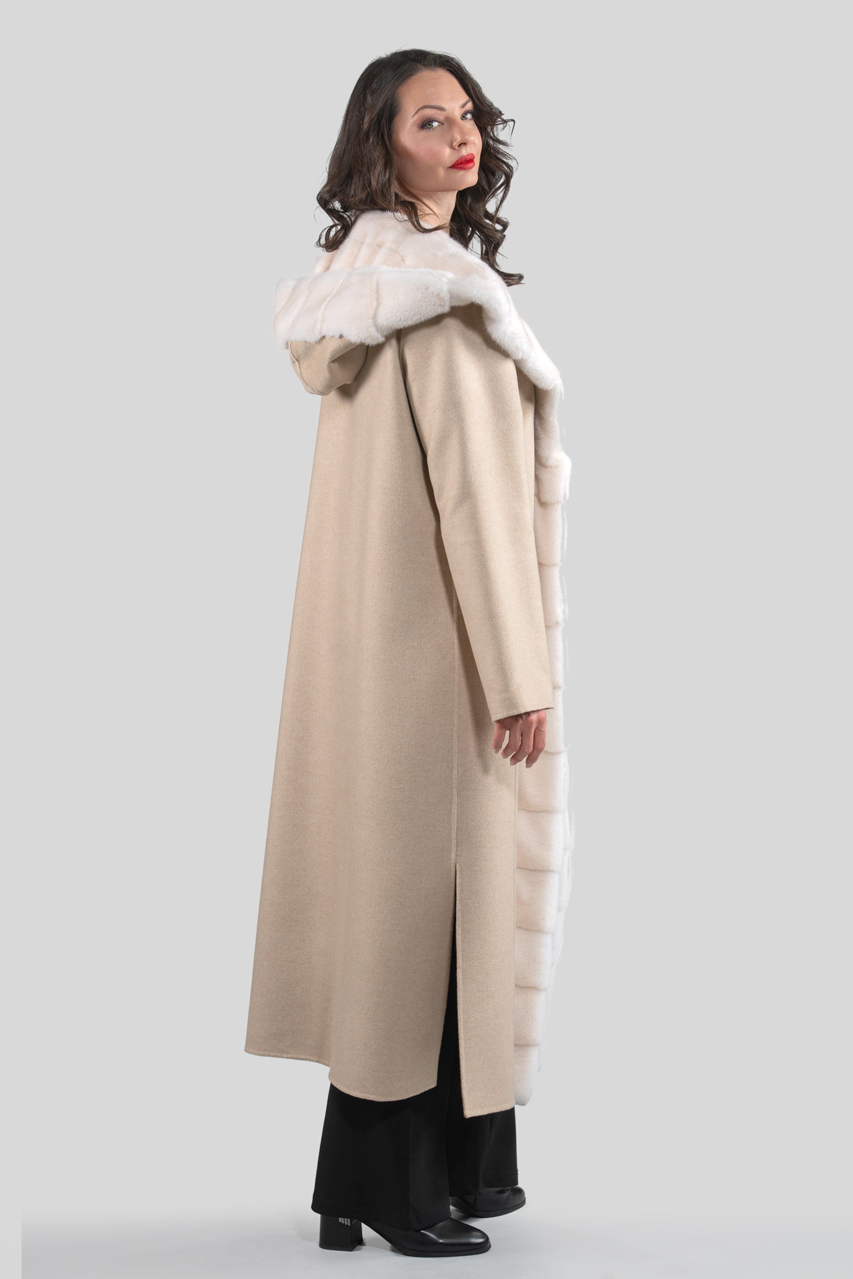 Ecru Beige Cashmere Hooded Coat with Mink Trim 21C6080H540