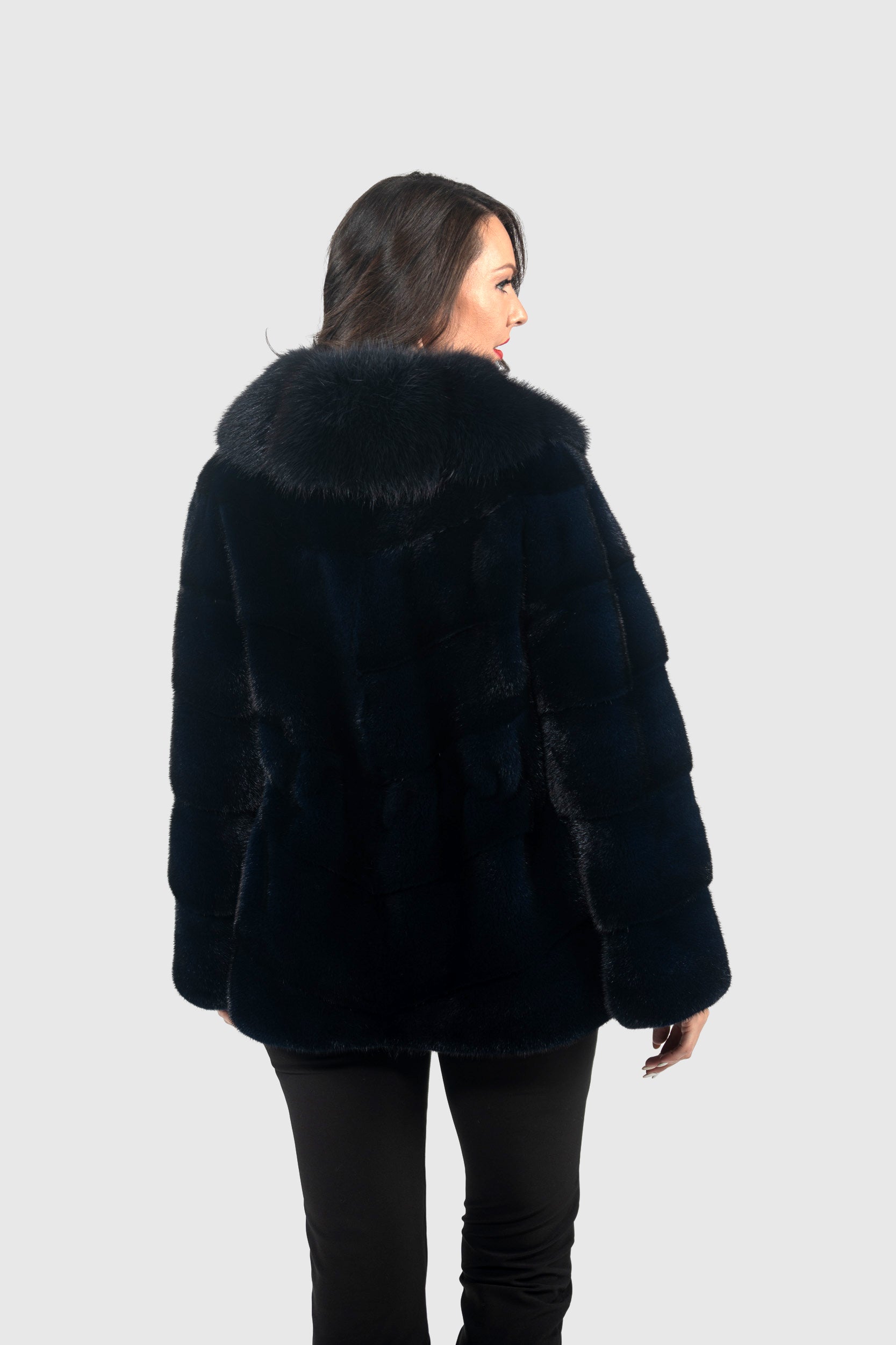 Blue Black Mink Half Coat with Extended Baumarten Shawl Collar V/K19C123