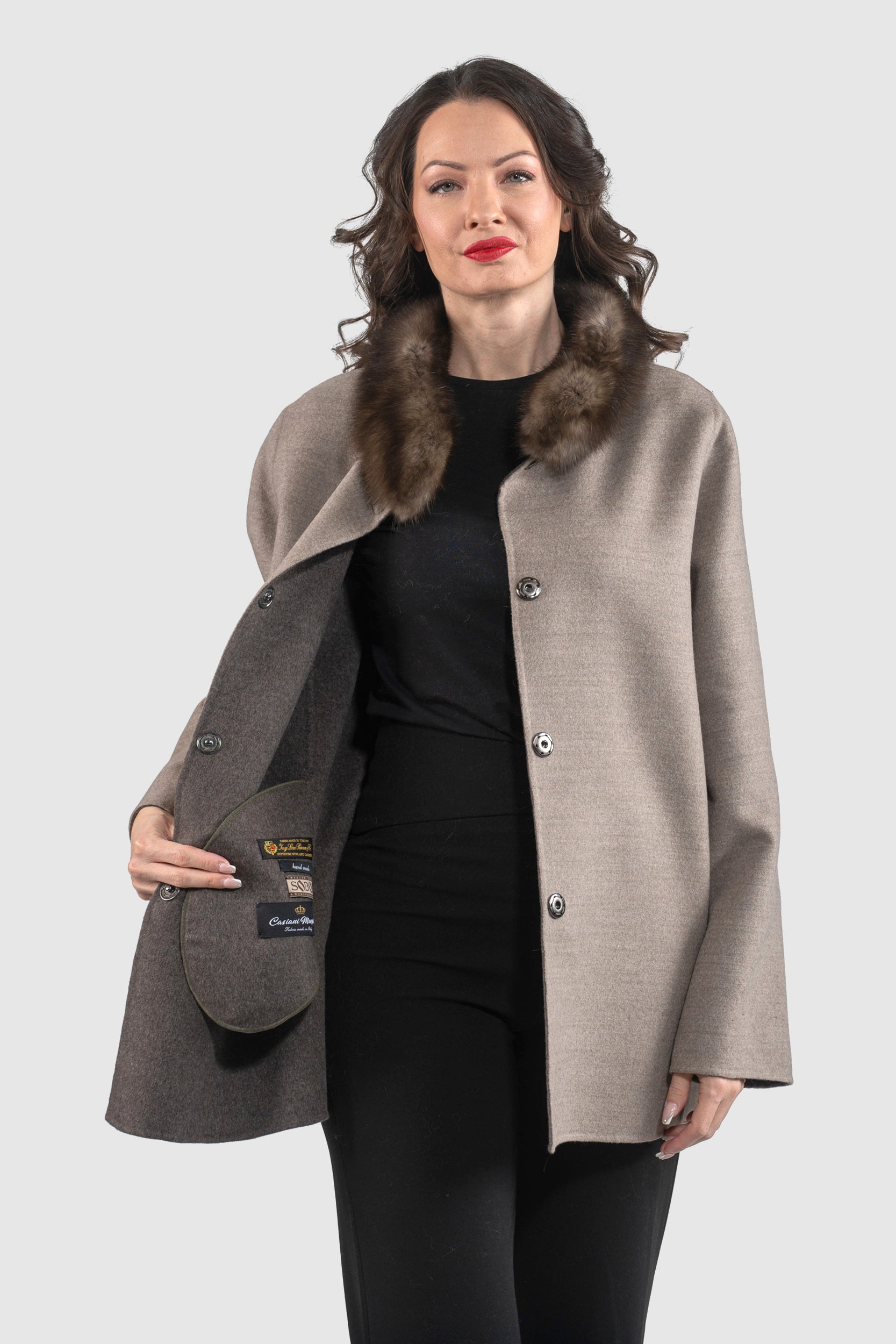 Grey Brown Cashmere Jacket with Russian Sable Stand Collar 17C8003G530