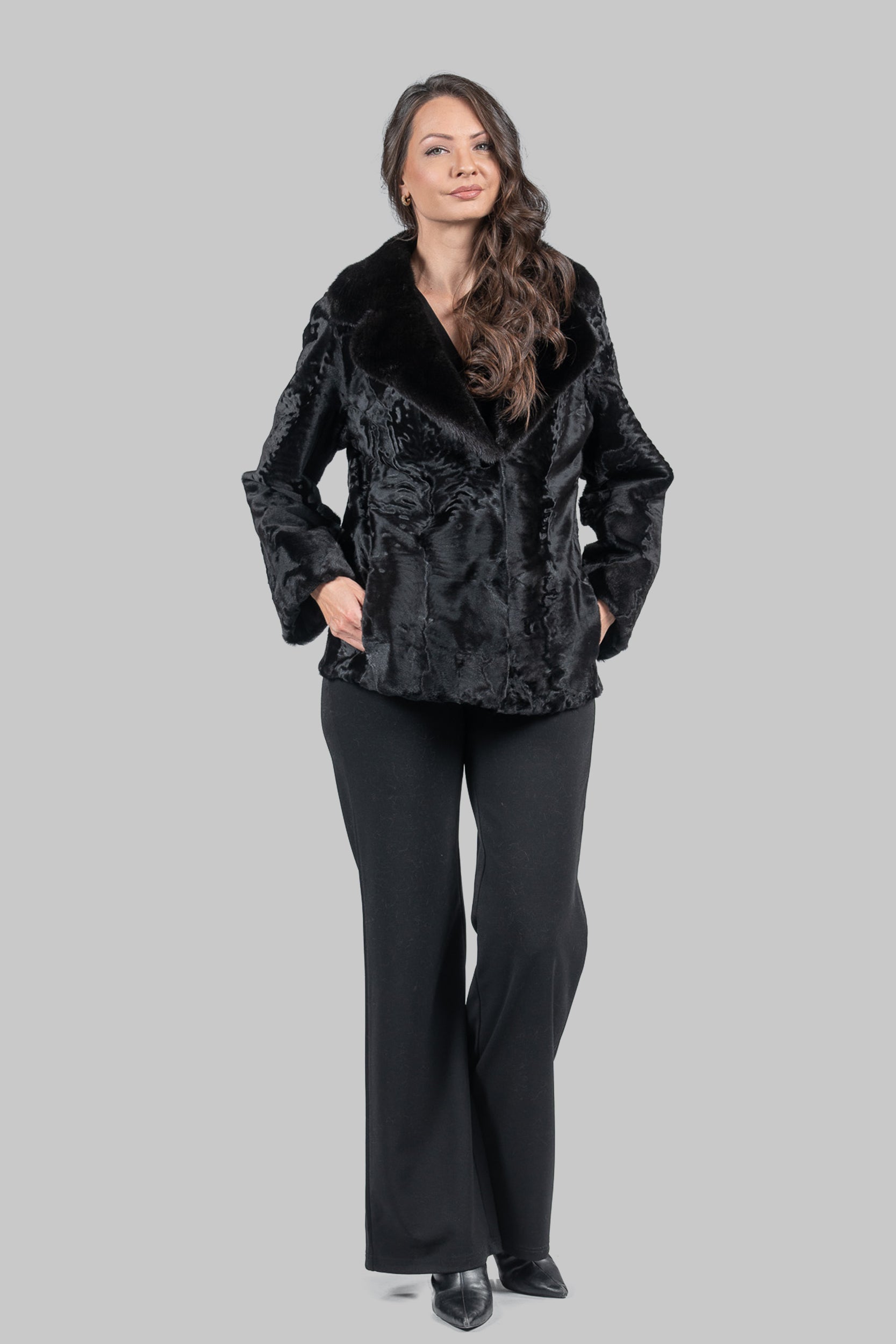 Black Swakara Jacket with Mink-Trimmed Notch Collar S/S13C528s20