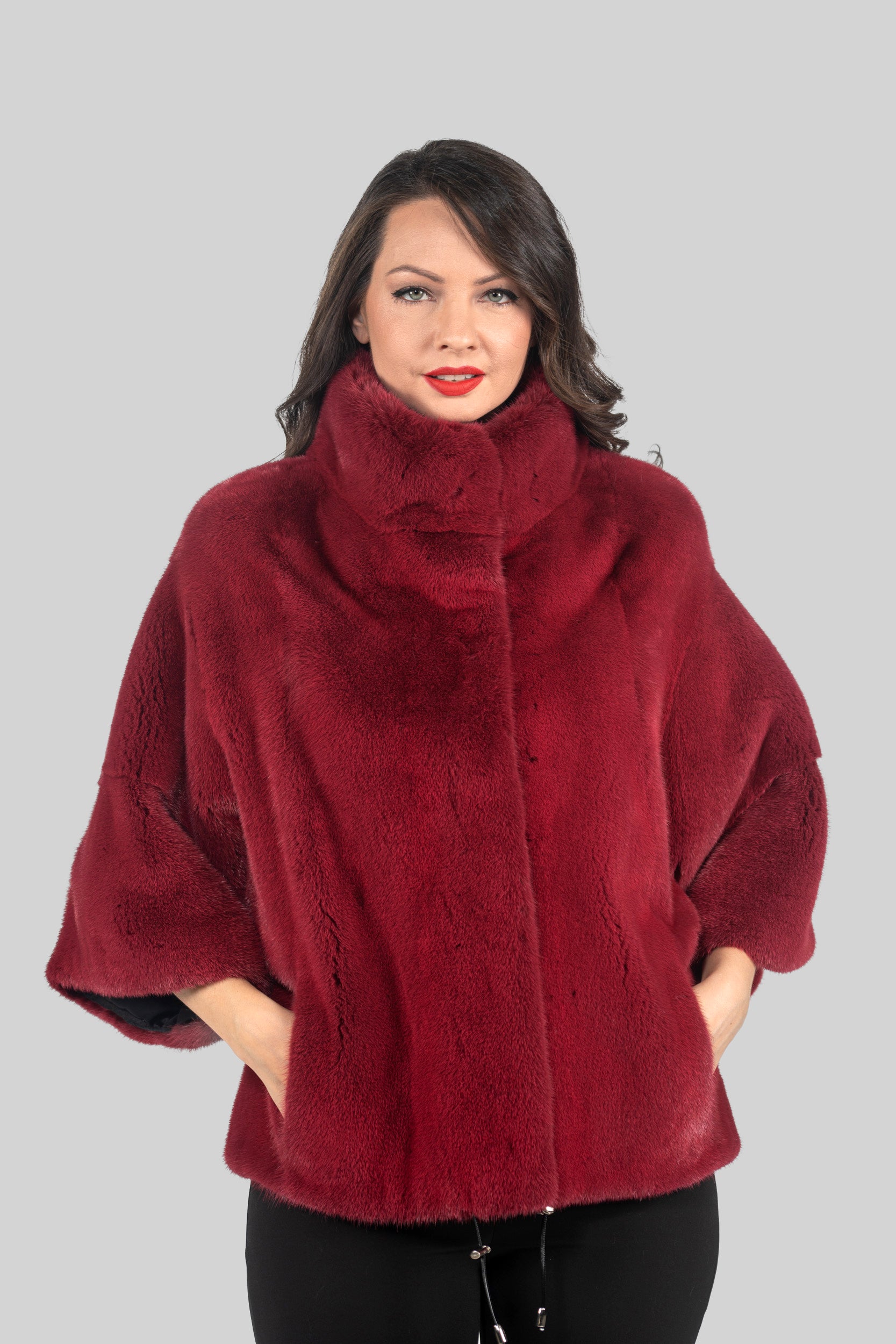 Cerise Mink Jacket with Stand Collar and Short Sleeves L/O13C138