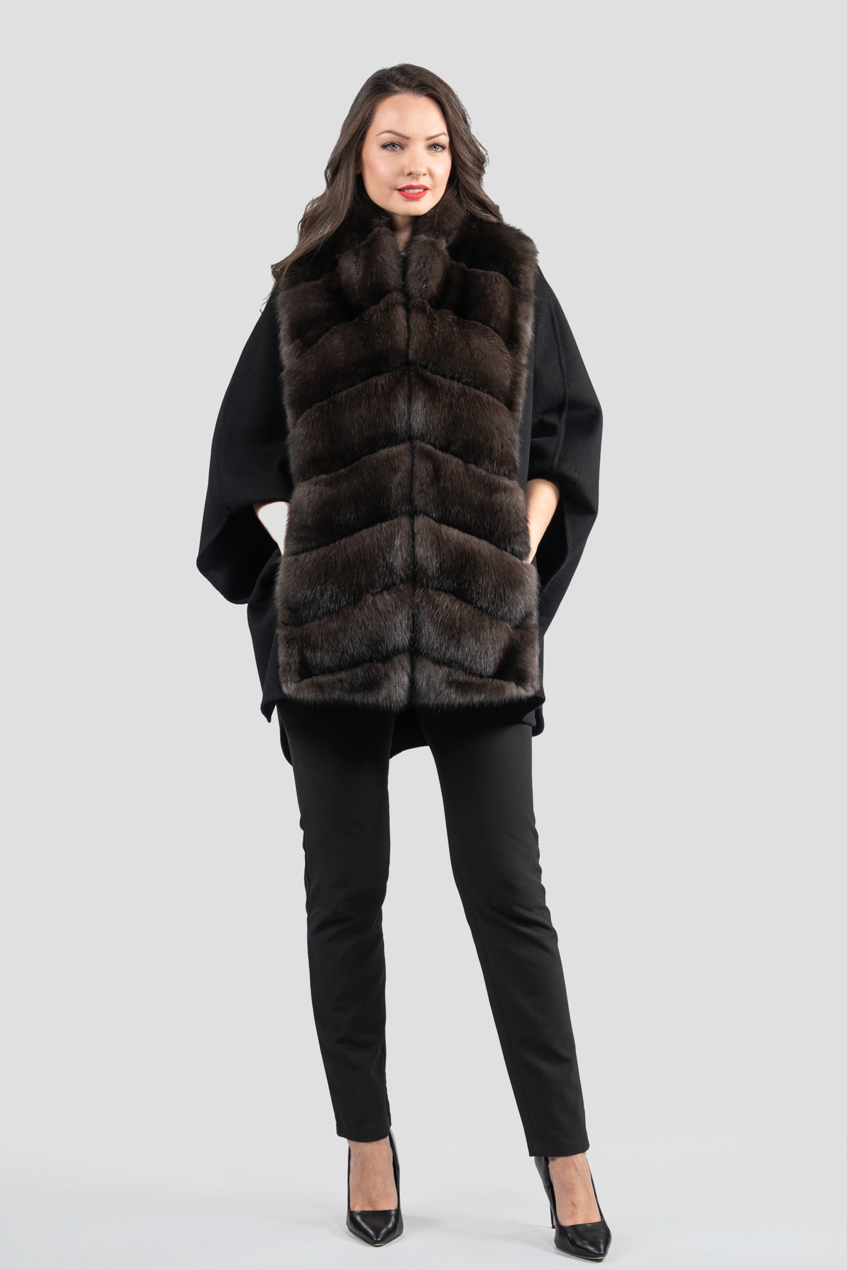 Black Cashmere Cape with Russian Sable Trim 18M950