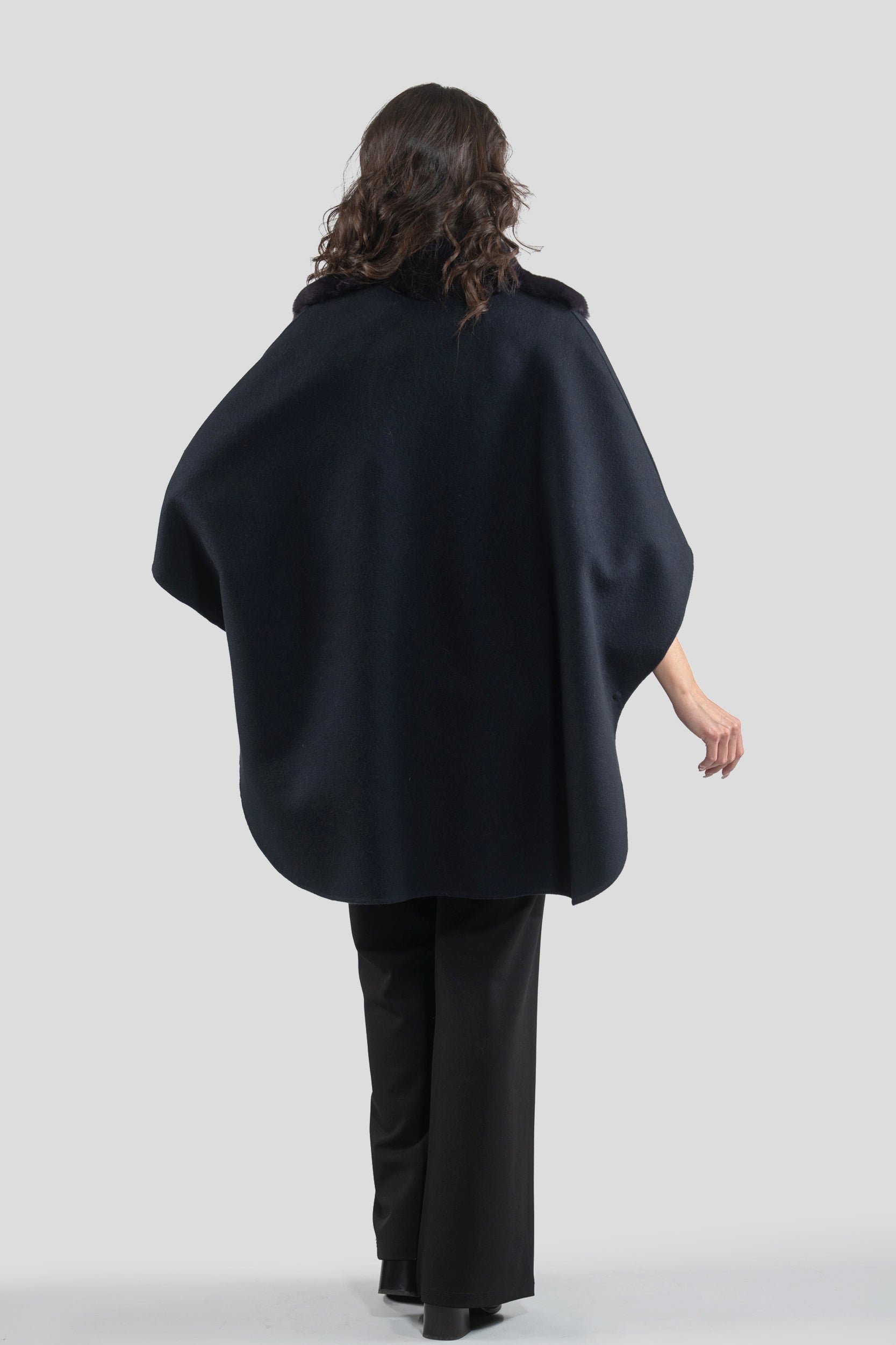 Black Cashmere Cape with Aubergine Chinchilla Trim 18M950