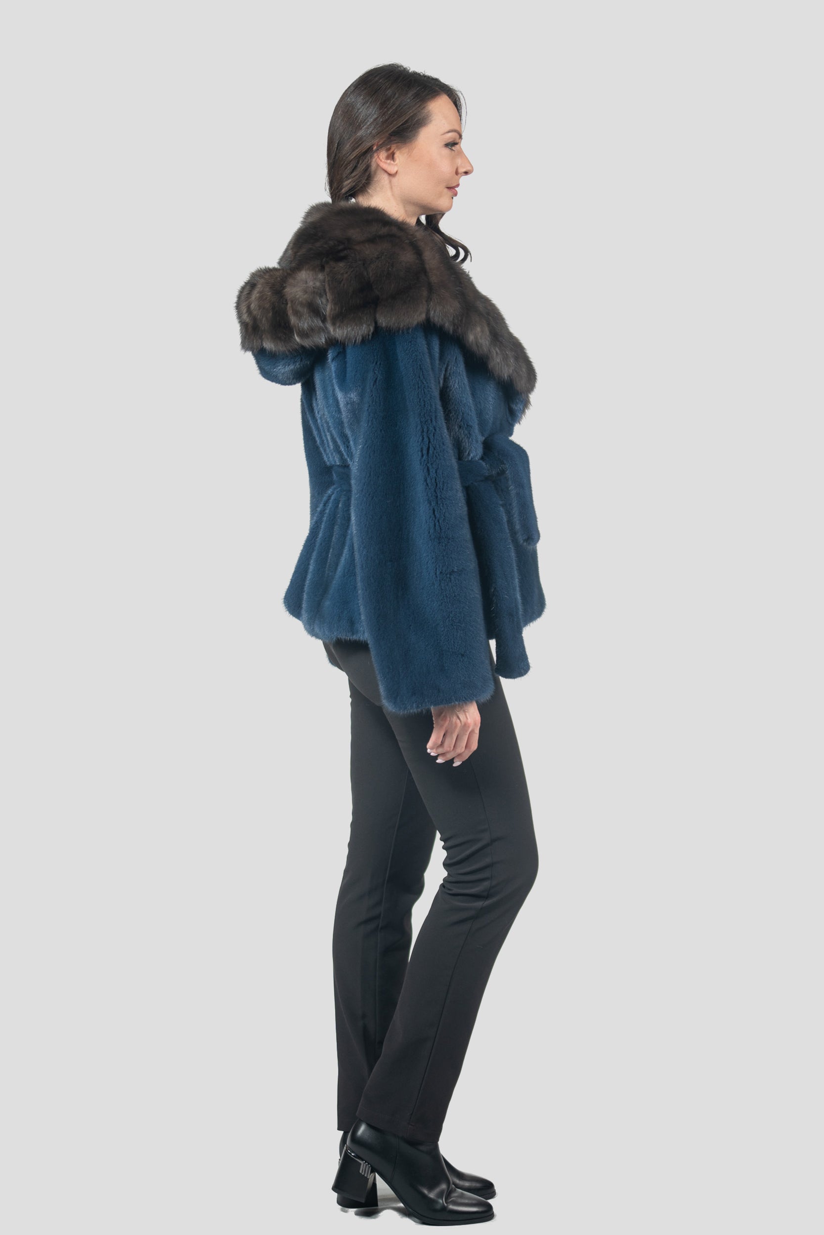 Blue Jean Mink Half Coat with Russian Sable Hood L/O13C978