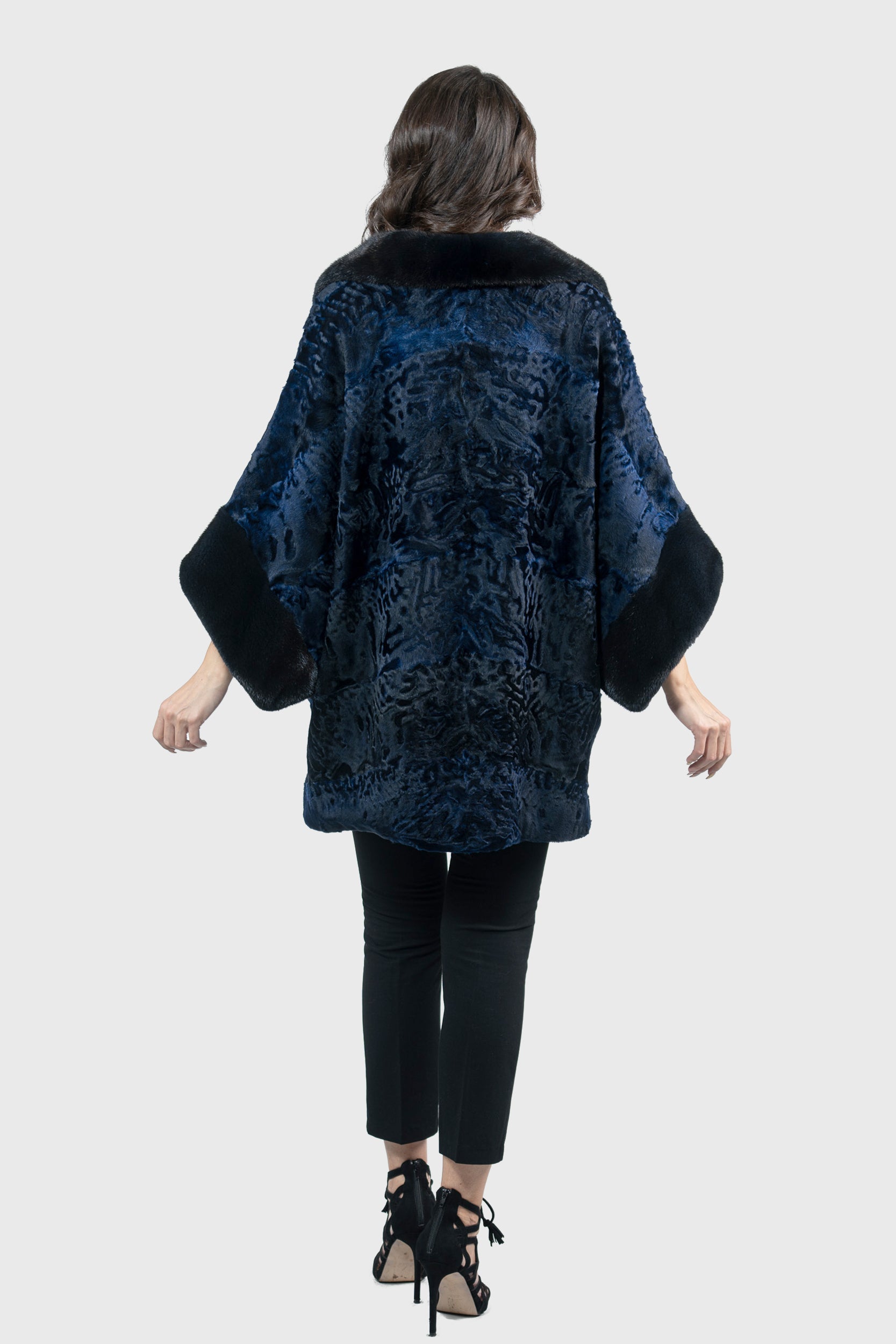 Blue Black Swakara Cape with Mink Notch Collar S/S929