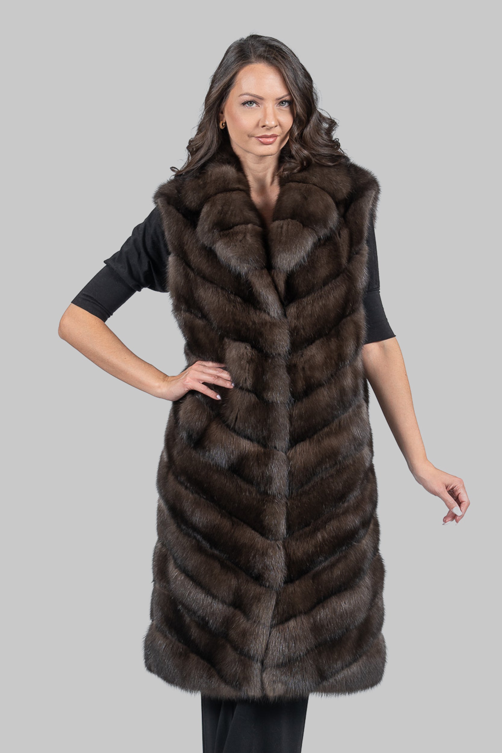 Dark Sable Long Vest with Notch Collar V/K13c519s20