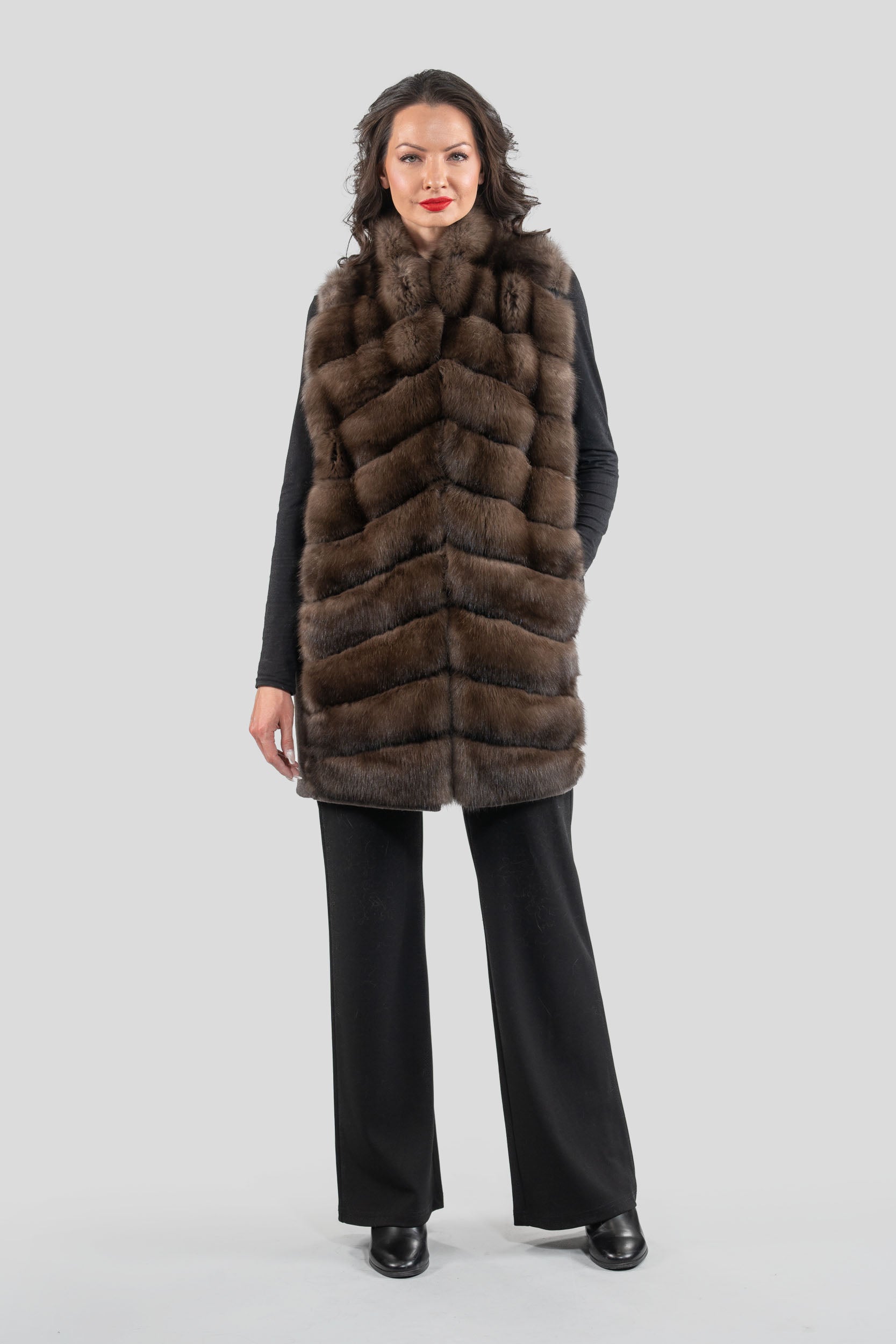 Brown Cashmere Vest with Russian Sable Trim 17C8003