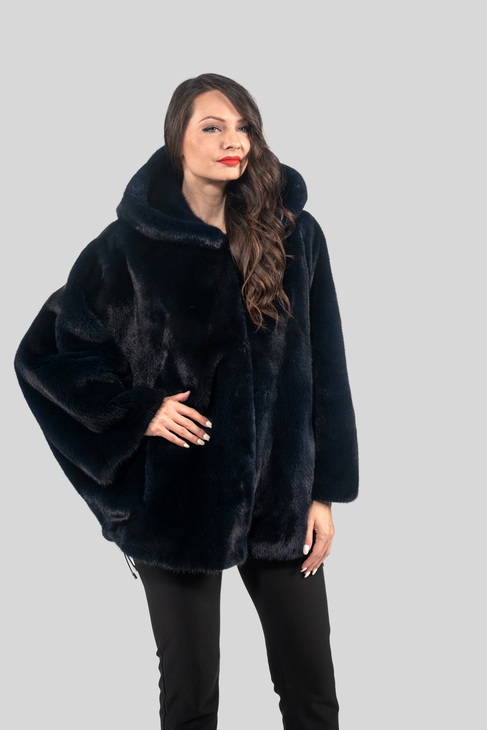 Blue Black Mink Jacket with Hood L/OR5