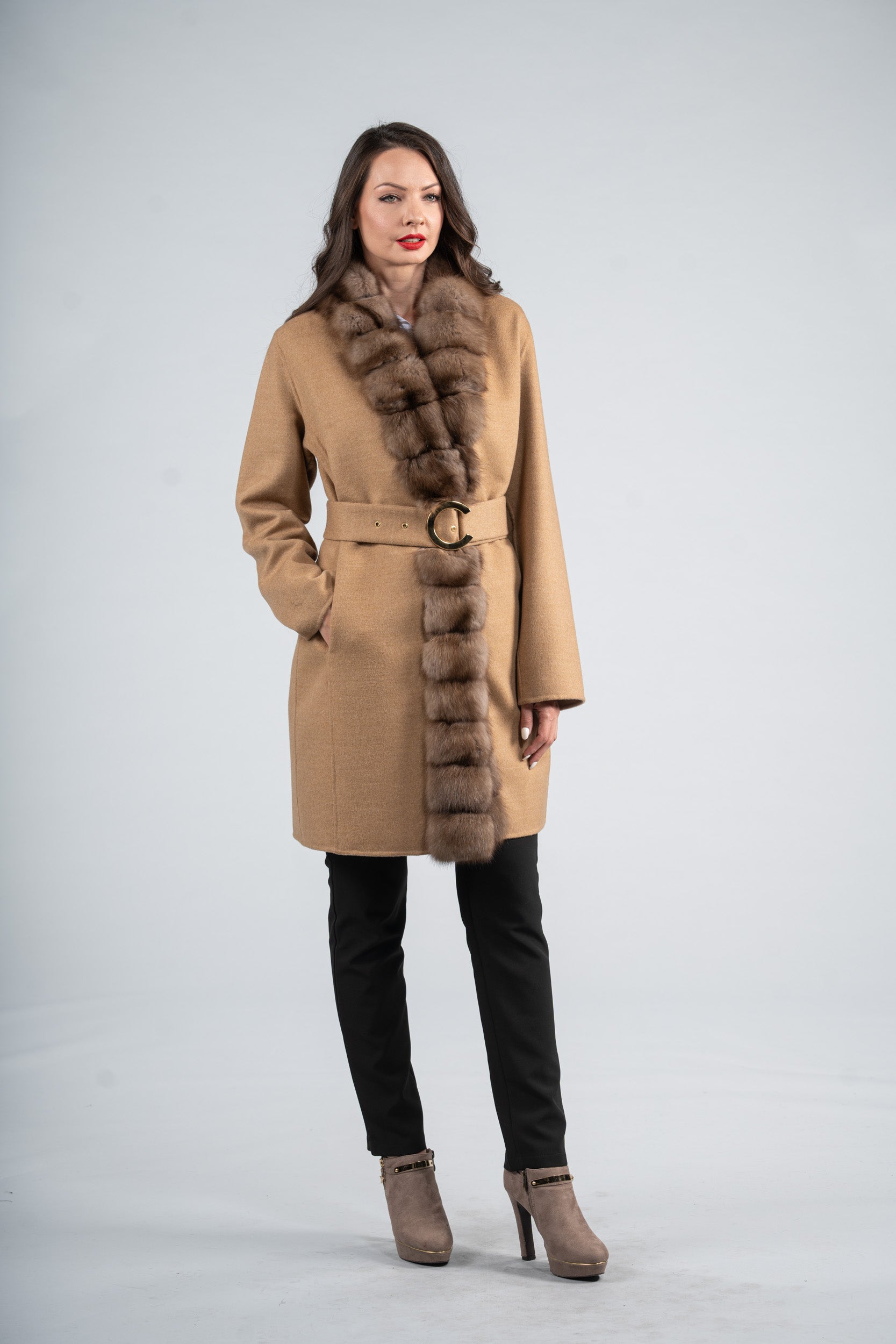 Beige Ecru Cashmere Coat with Russian Sable Trim 21C6080