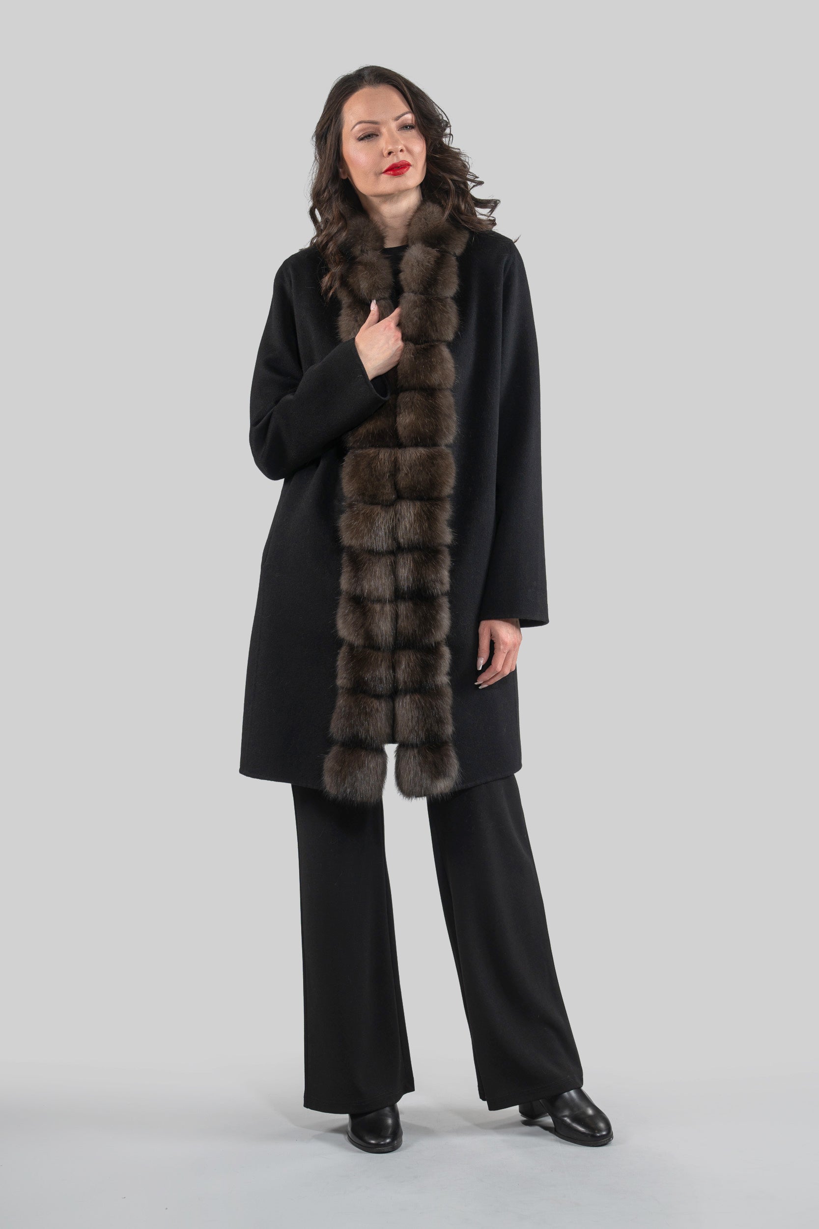 Black Cashmere Half Coat with Russian Sable Trim 21C6080