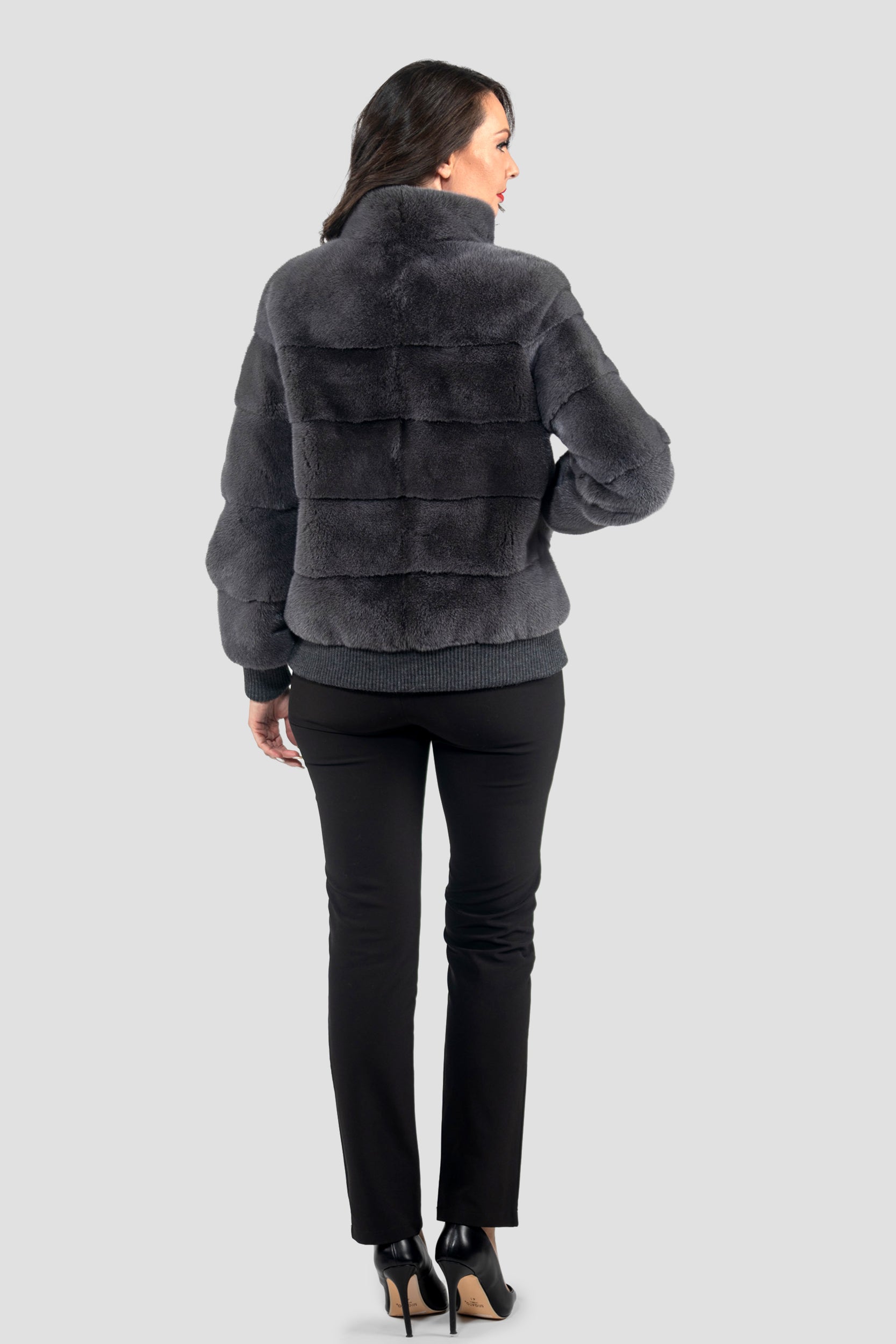 Grey Moon Mink Bomber Jacket with Stand Collar P/K13C224