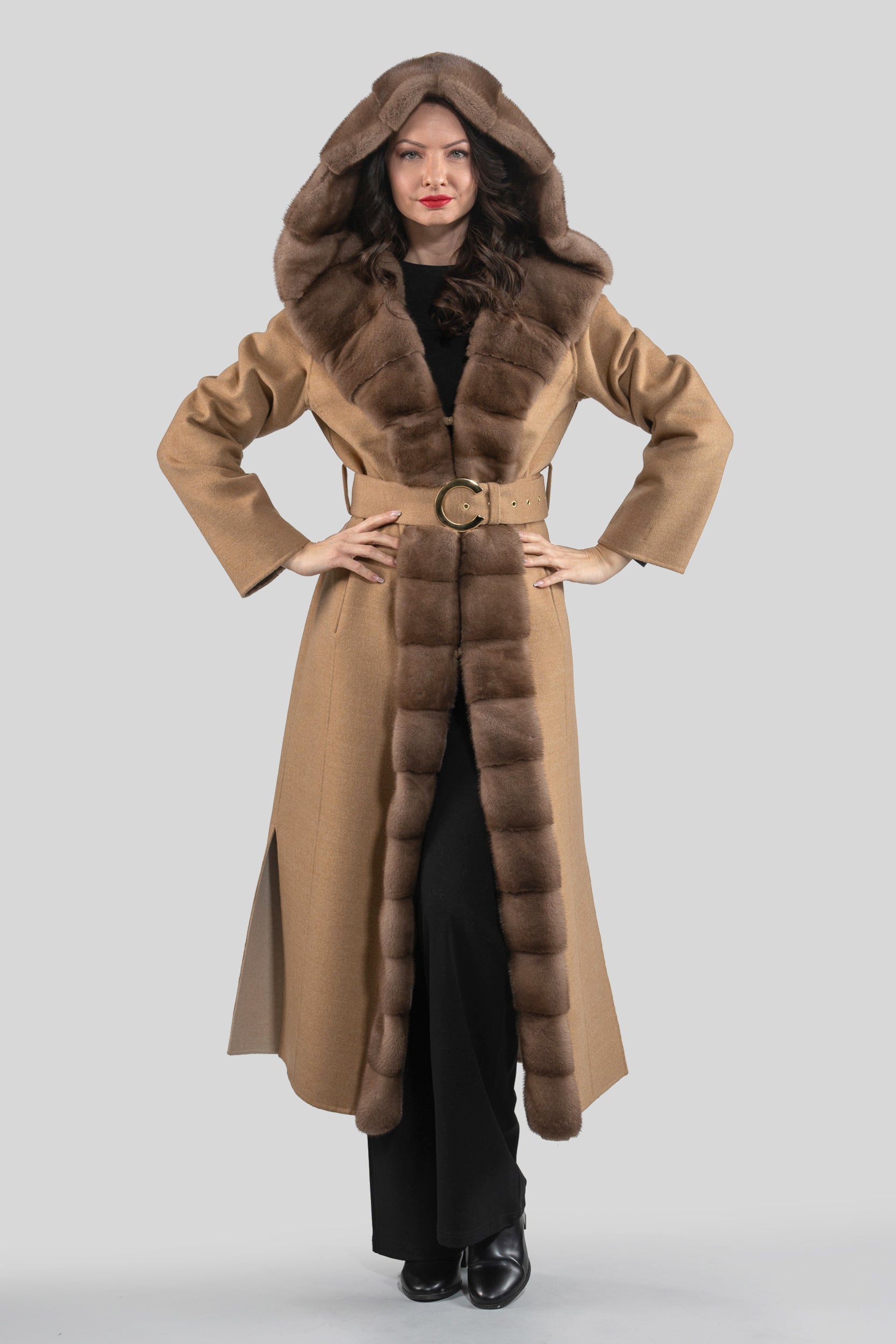 Beige Ecru Cashmere Hooded Coat with Mink Trim 21C6080H540