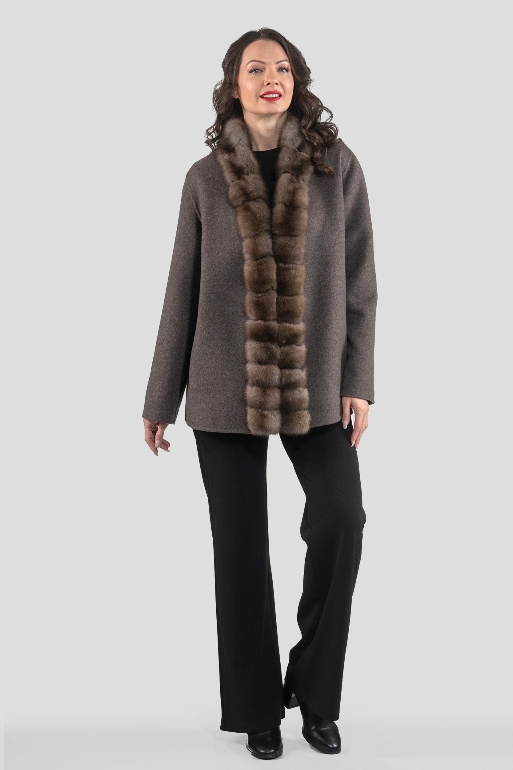 Grey Cashmere Wool Jacket with Russian Sable Trim 21C6080