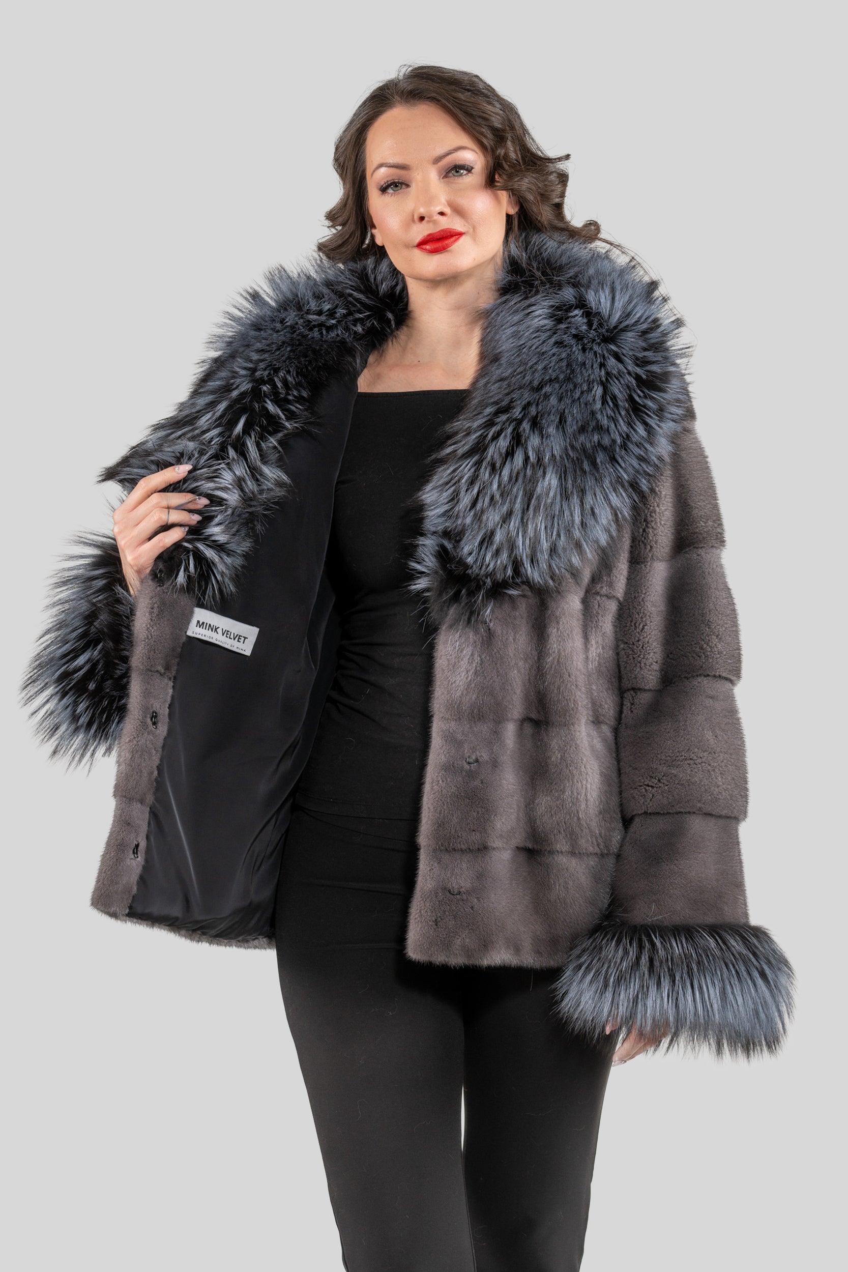 Grey Moon Mink Fur Jacket with Fox Shawl Collar and Cuffs P/K13C528C17
