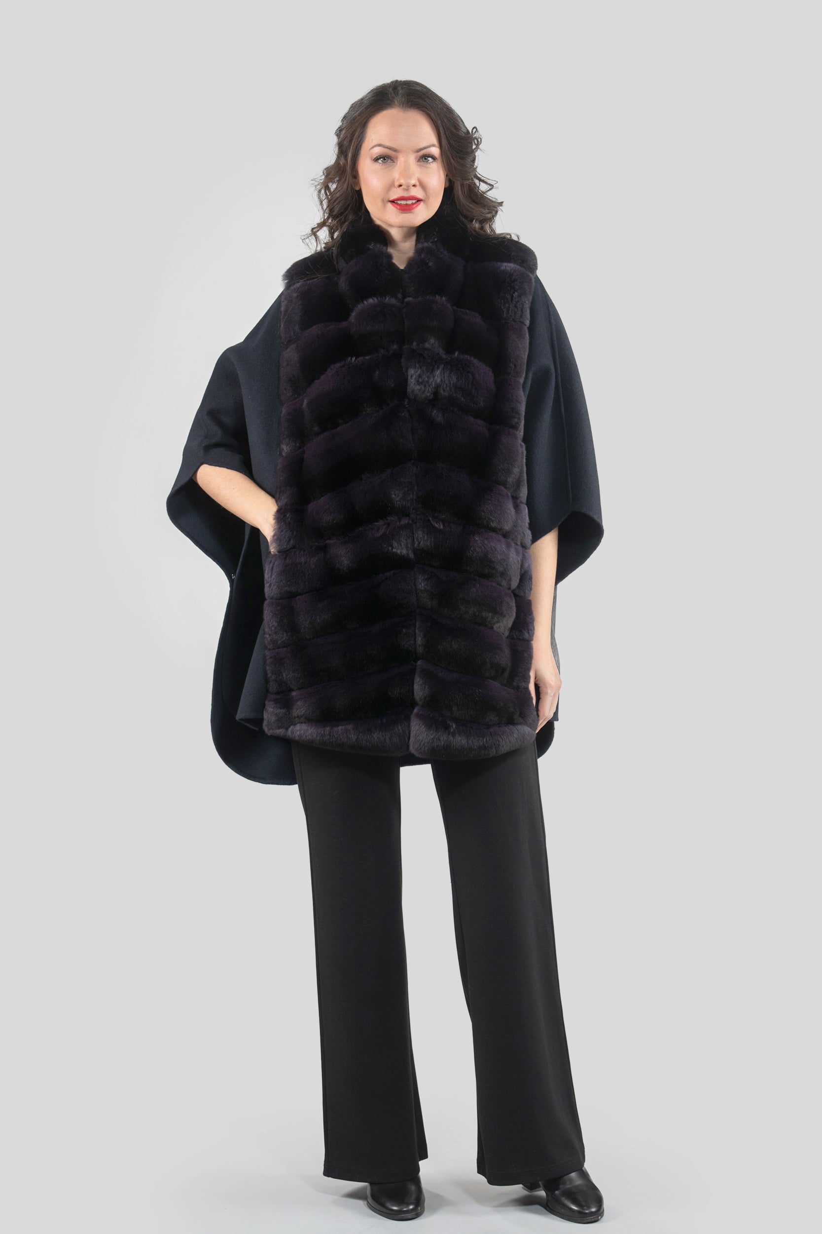 Black Cashmere Cape with Aubergine Chinchilla Trim 18M950