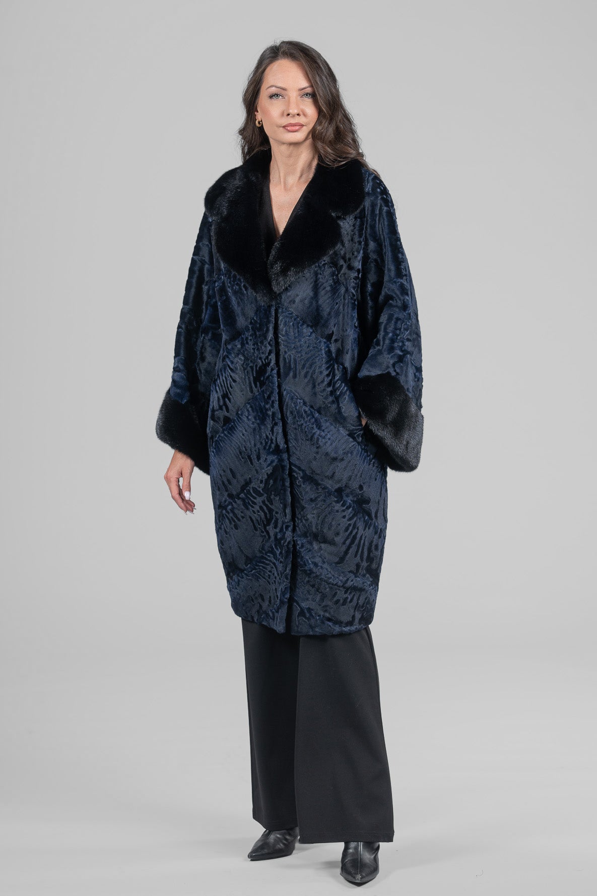 Blue-Black Swakara Half-Coat Mink Trim with Notch Collar A/K13C848gs20v30