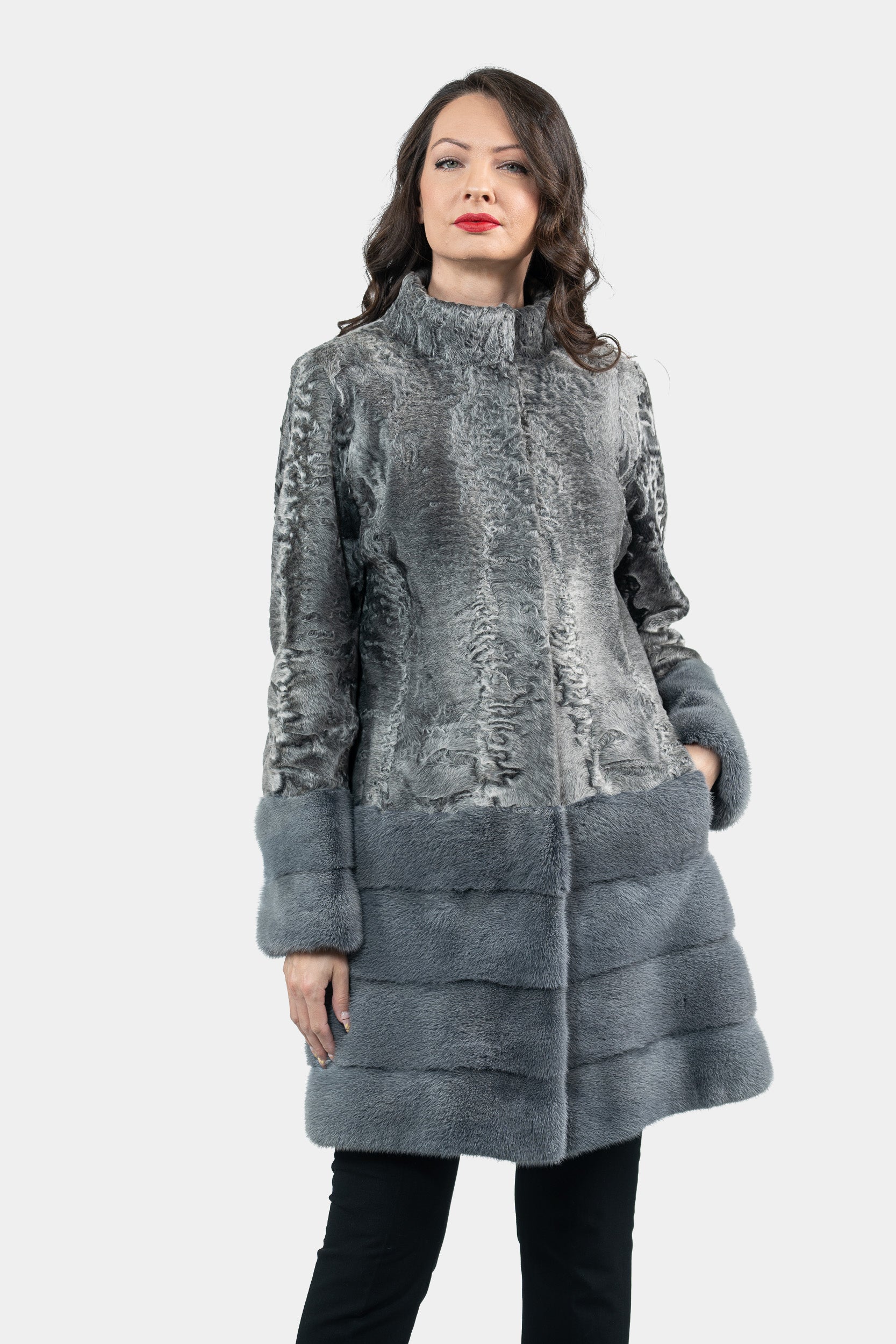 Gray Swakara Half Coat with Mink Trimmed Hem S/SR/K21999