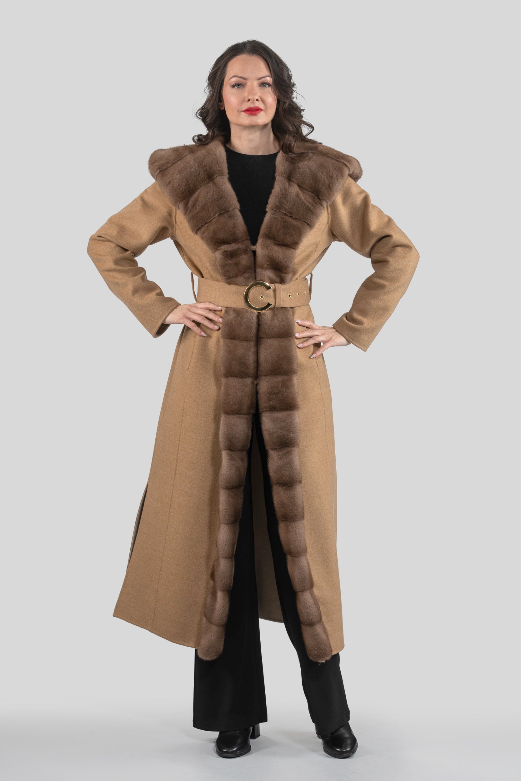 Beige Ecru Cashmere Hooded Coat with Mink Trim 21C6080H540