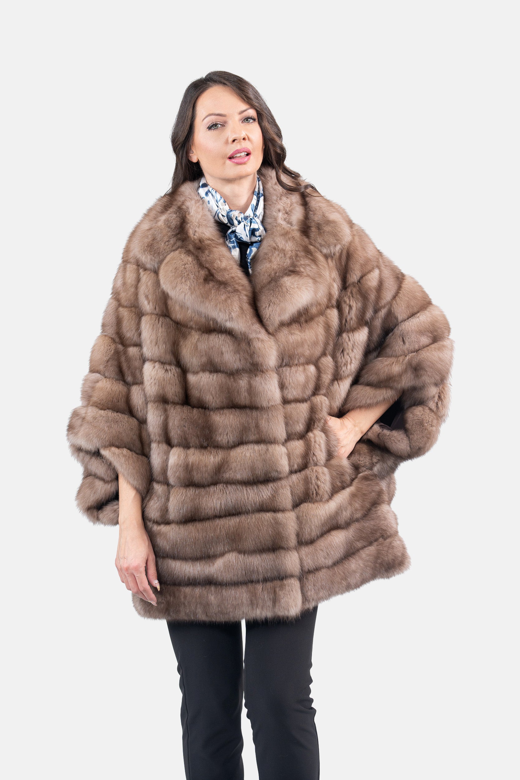 Graphite Russian Sable Cape with Notch Collar P/K13C929