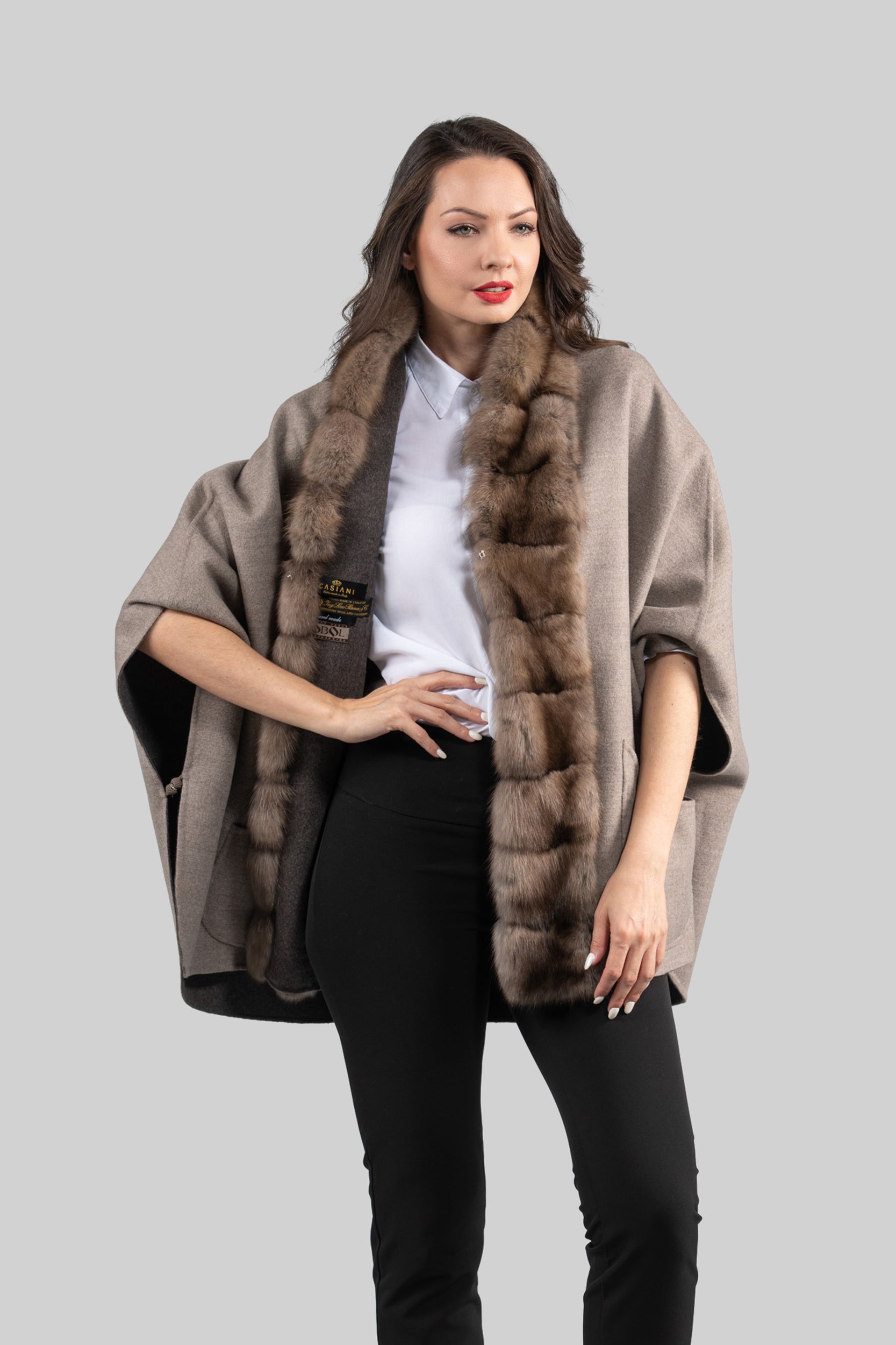 Grey Brown Cashmere Cape with Russian Sable Trim 18M951