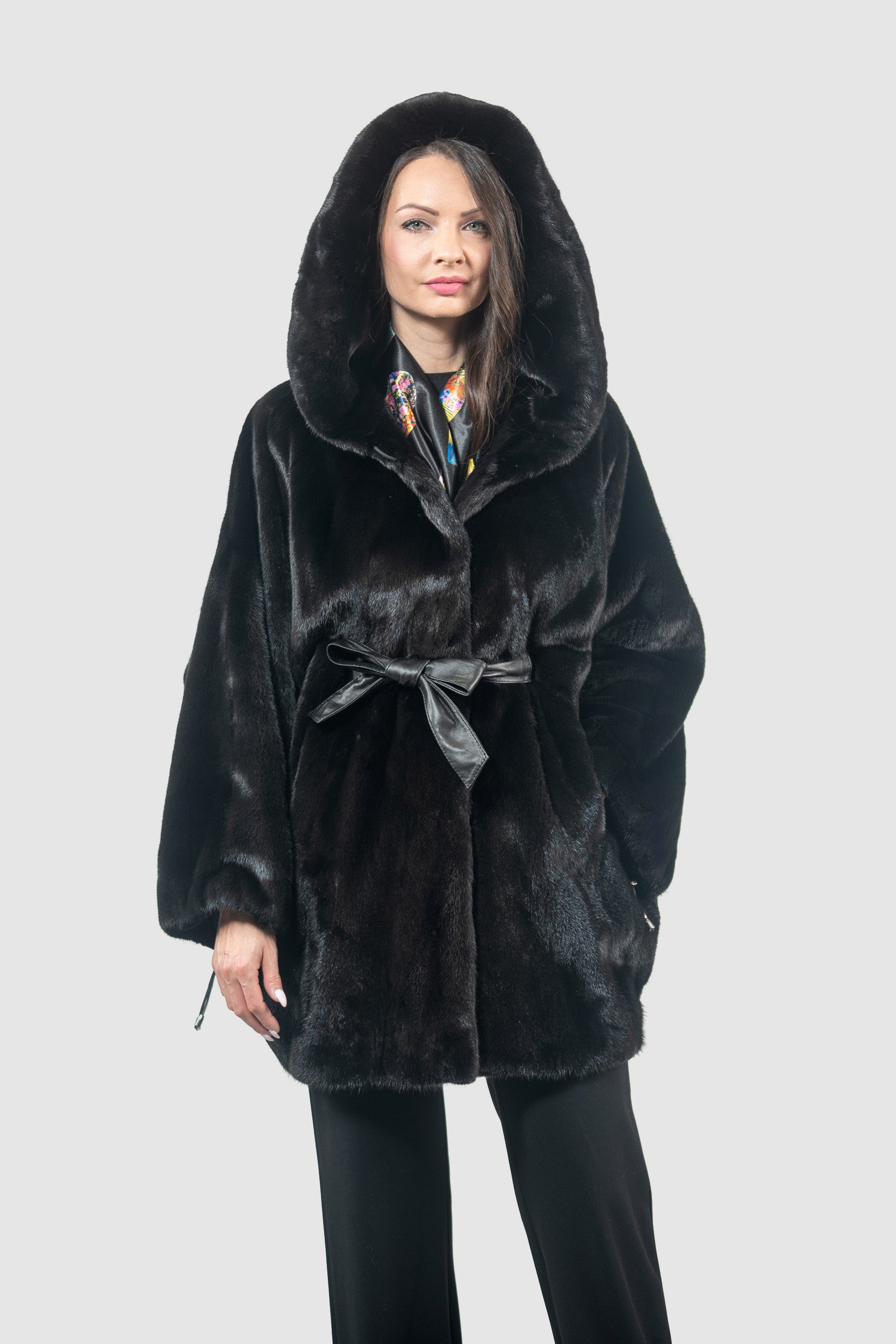 Blackglama Mink Hooded Let-Out Half Coat L/O18M011H