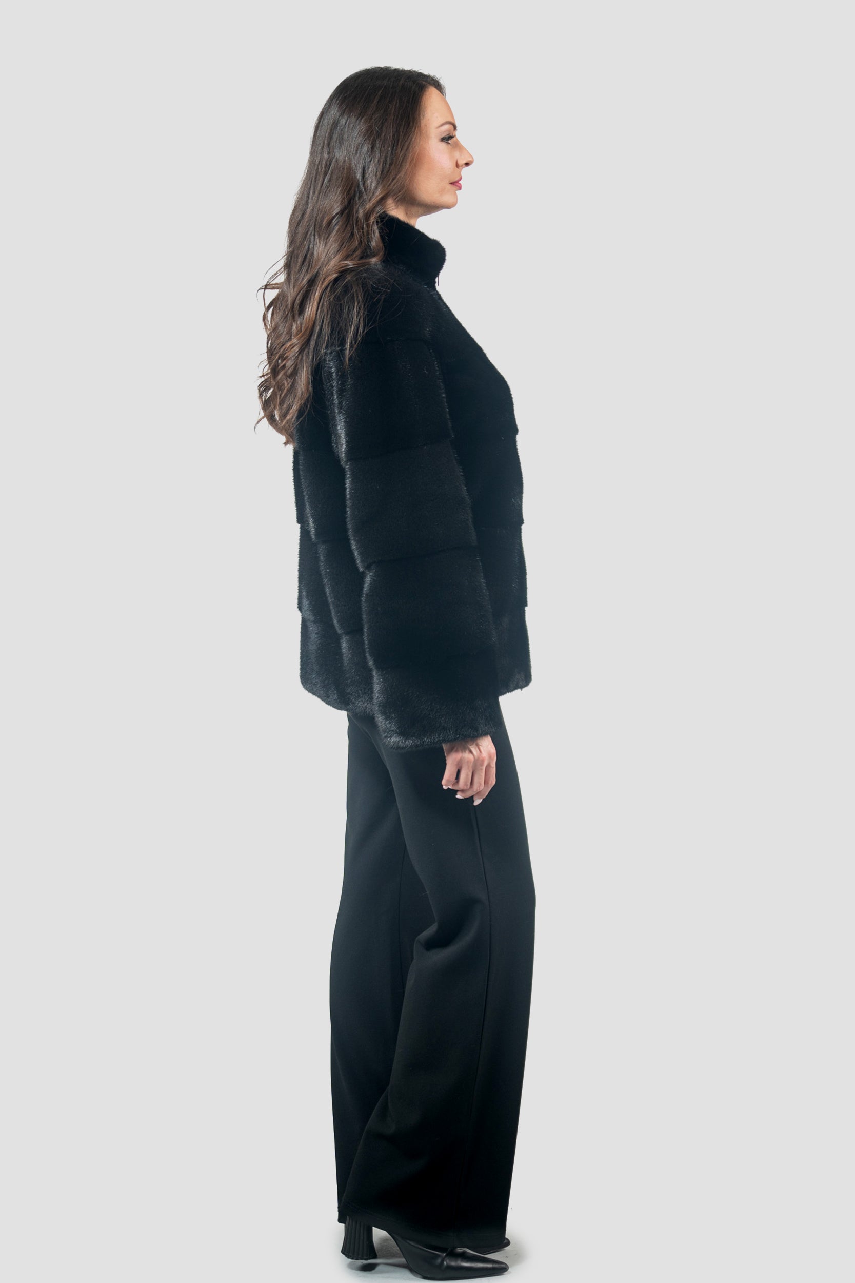 Black Mink Jacket with Stand Collar and Zipper P/K13C224