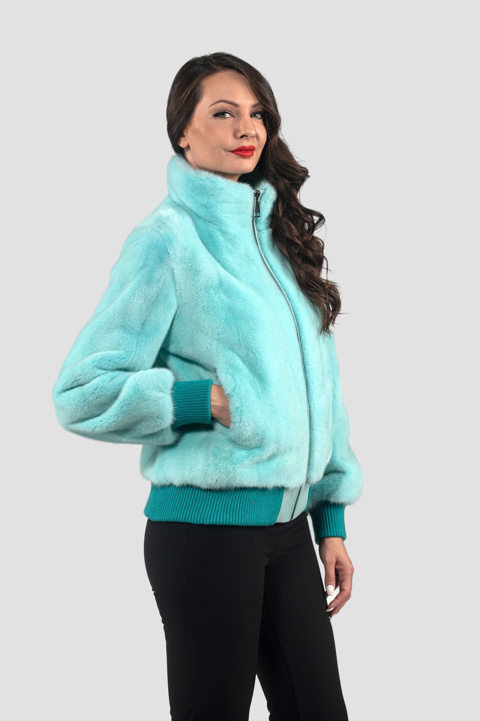 Mint Mink Bomber Jacket With stand Collar L/O13C224