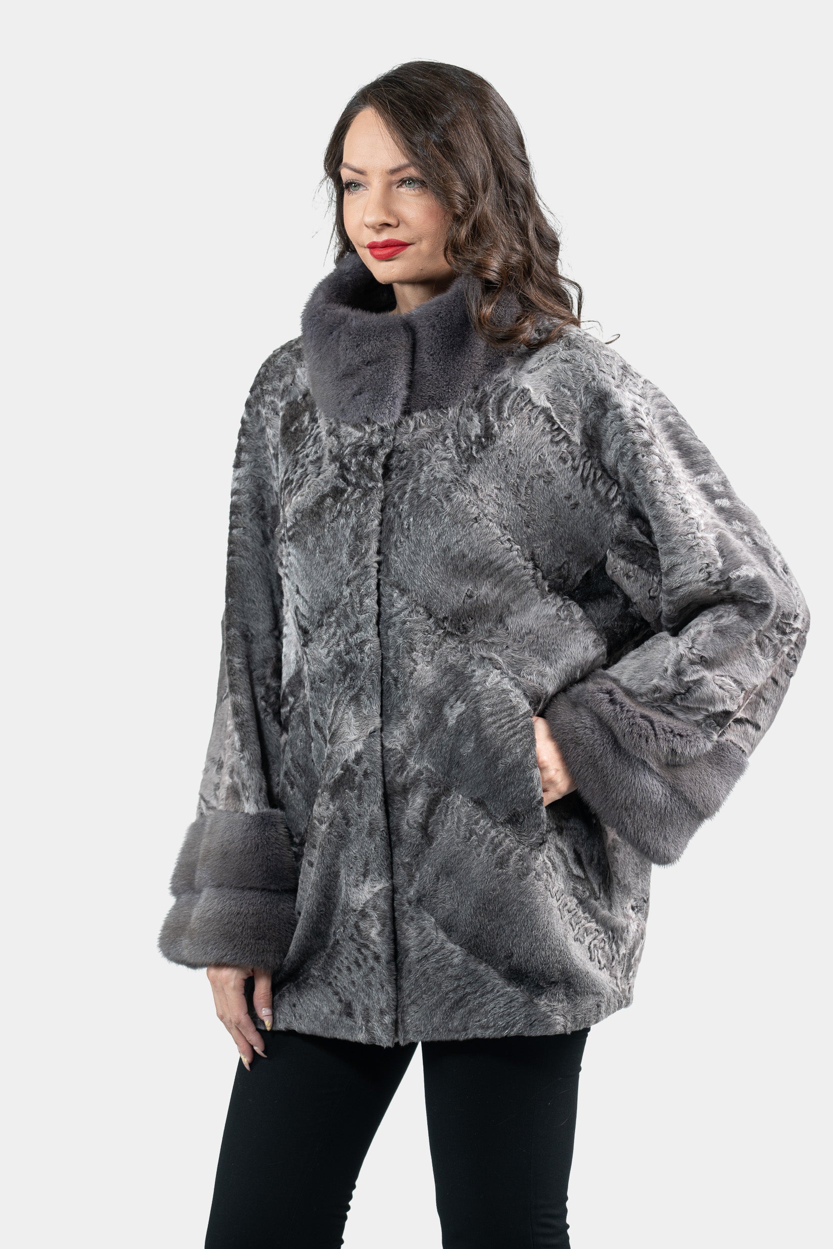 Grey Moon Swakara Half Coat with Mink Trim A/K13C848