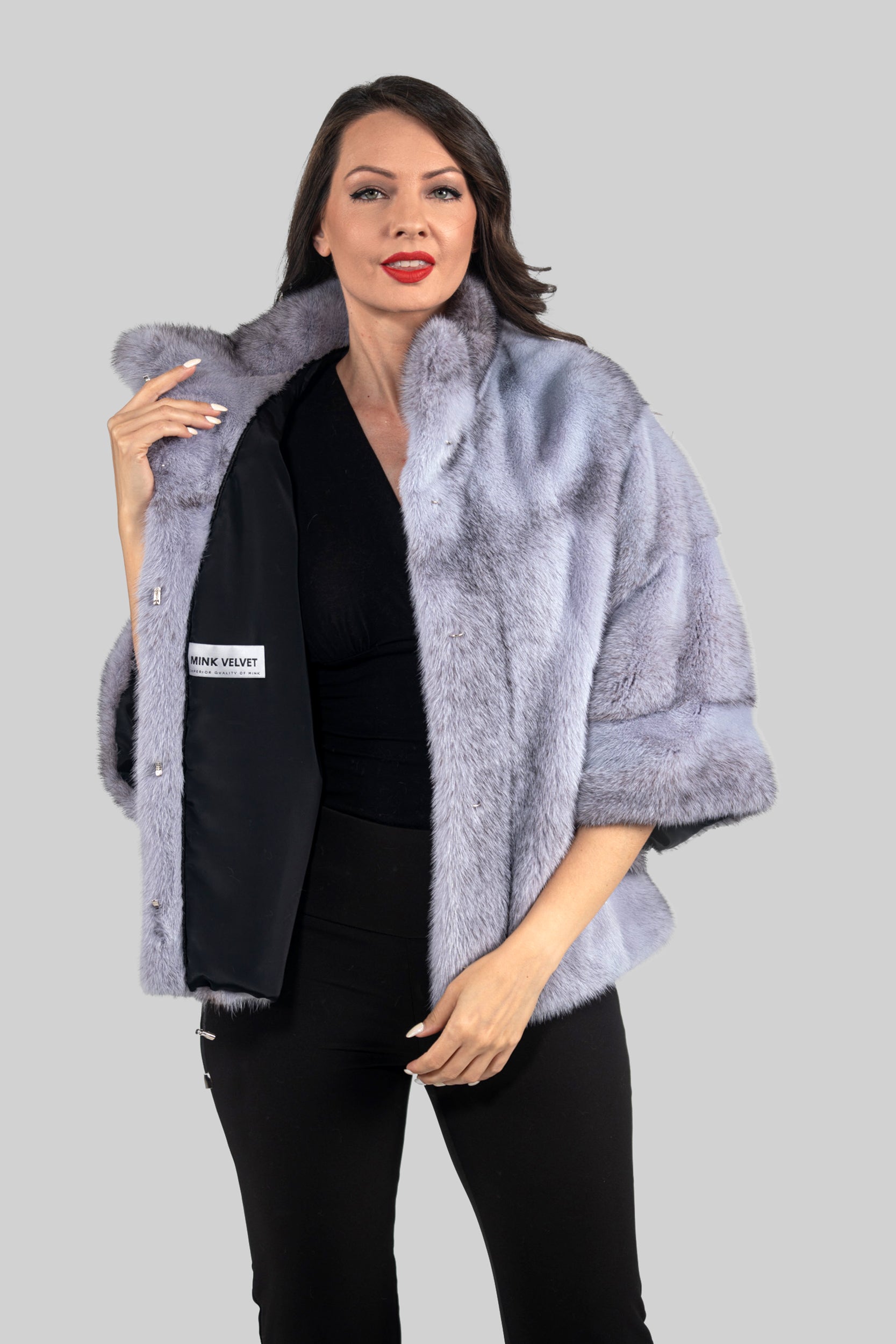 Grey Moon Cross Mink Jacket with Stand Collar and Short Sleeves L/O13C138