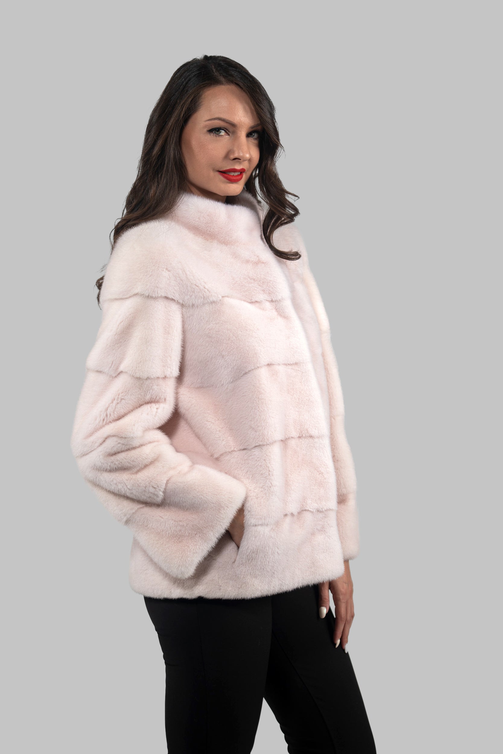 Powder Pink Mink Jacket with Stand Collar P/K13C528