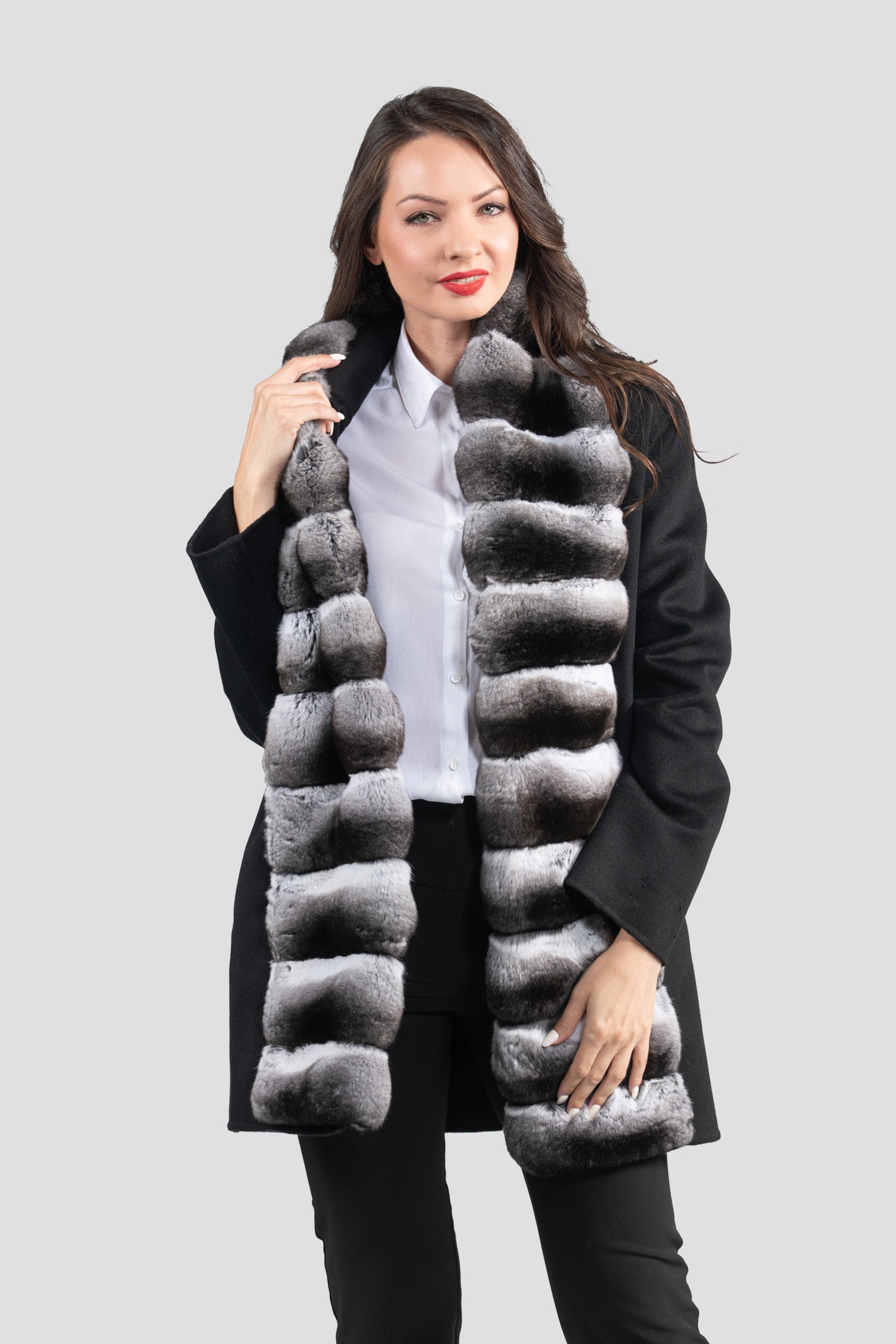 Black Cashmere Coat with Chinchilla Trim 21C8050