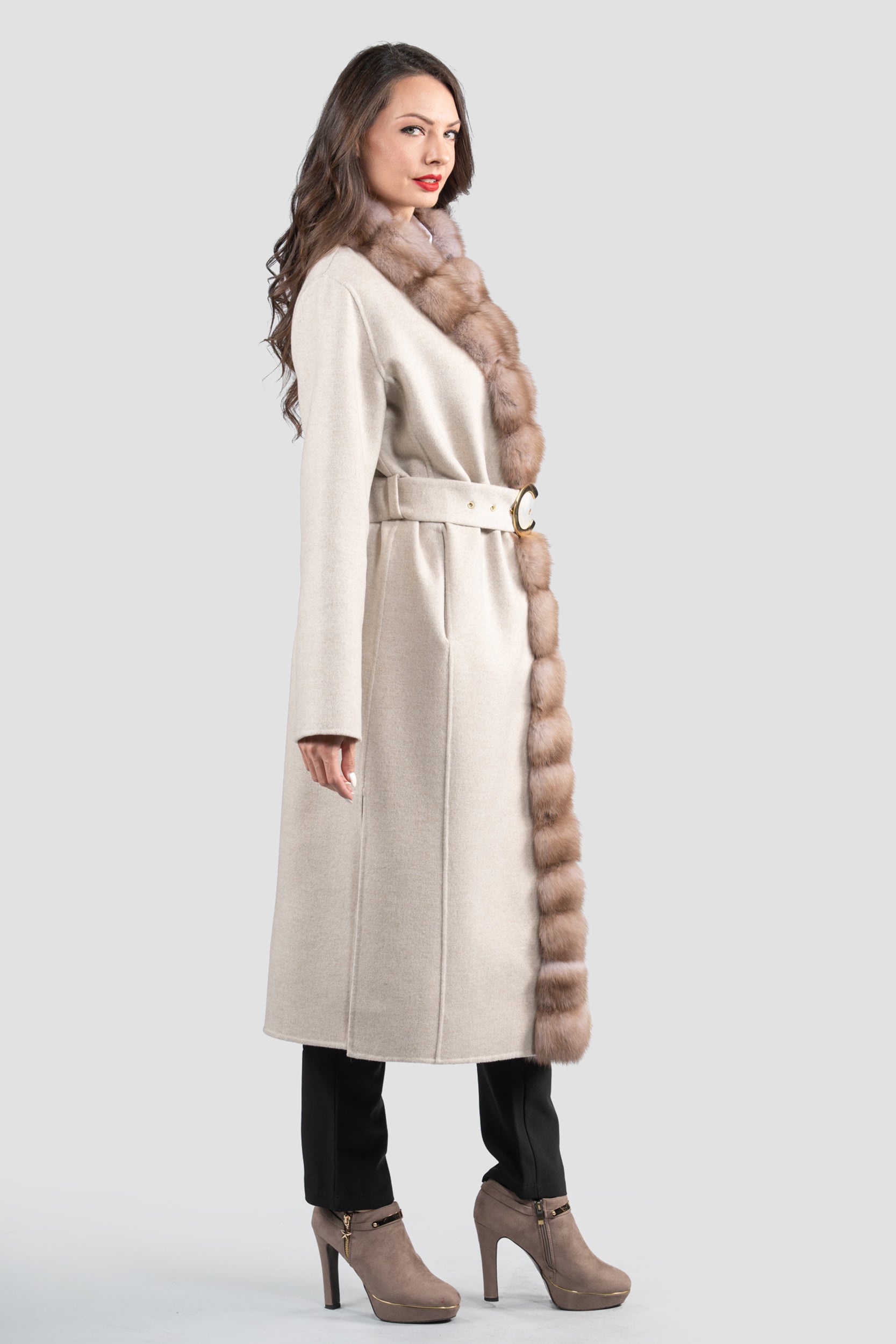 White Ecru Cashmere Coat with Russian Sable Trim 21C6080