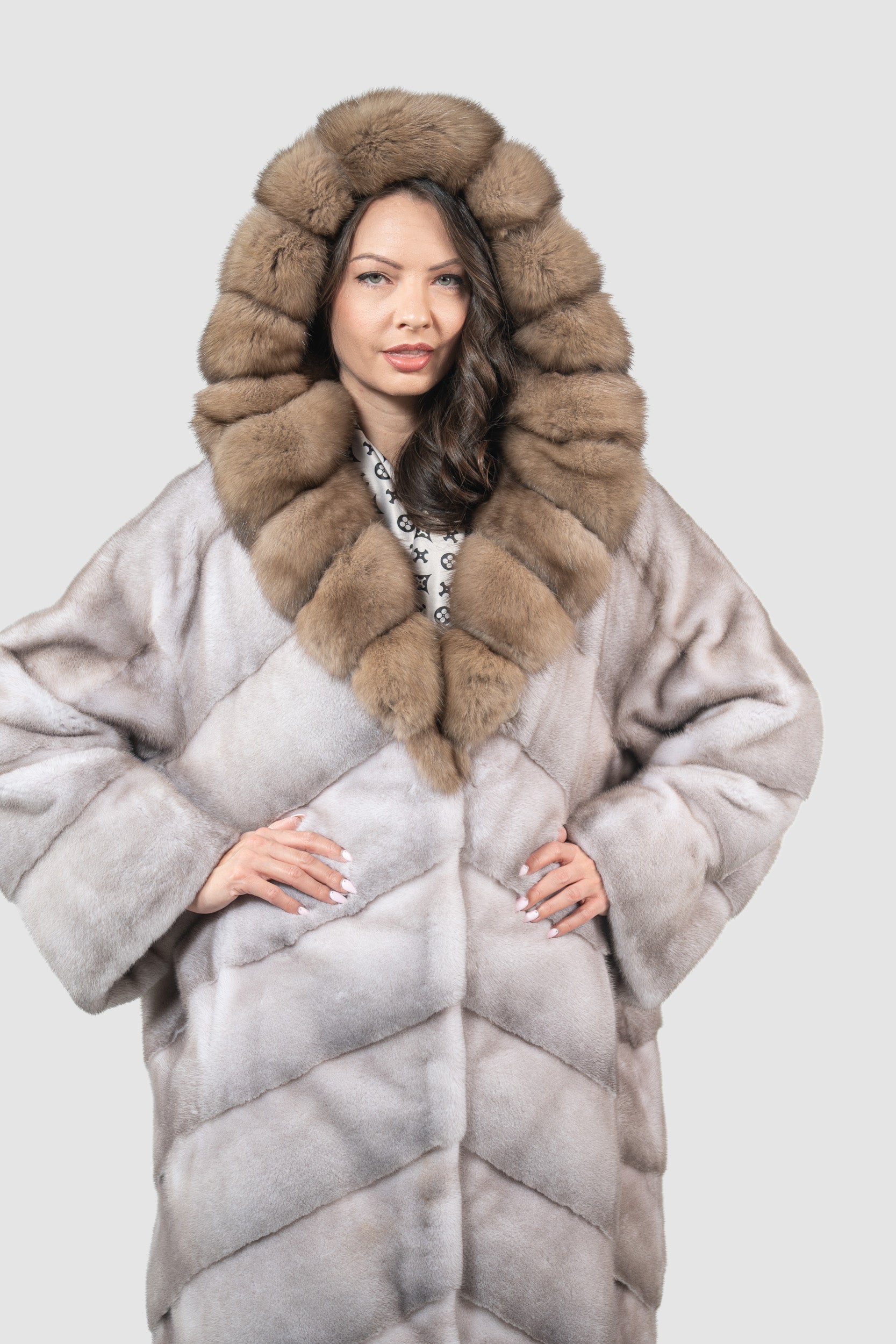 Silver Blue Mink Coat with Russian Sable Hood A/K13C850