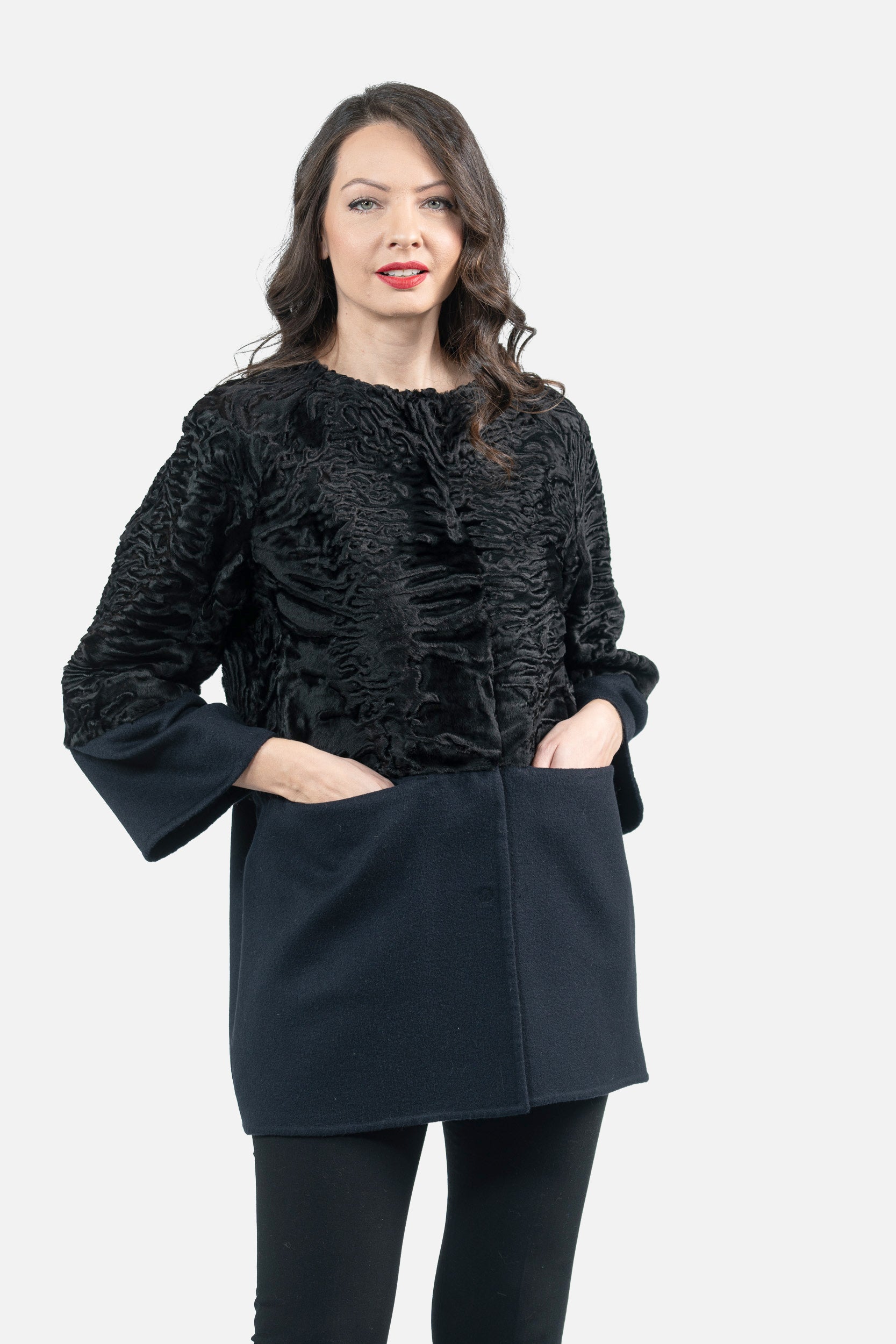 Blue Black Swakara Half Coat with Cashmere S/S18M140