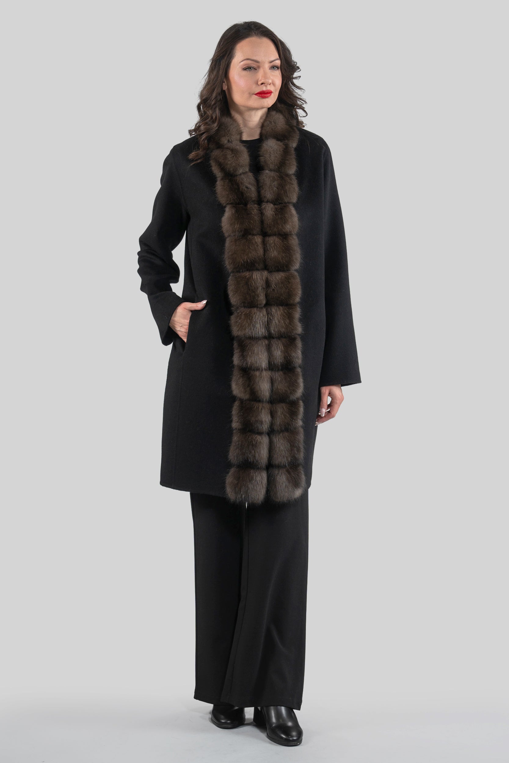 Black Cashmere Half Coat with Russian Sable Trim 21C6080