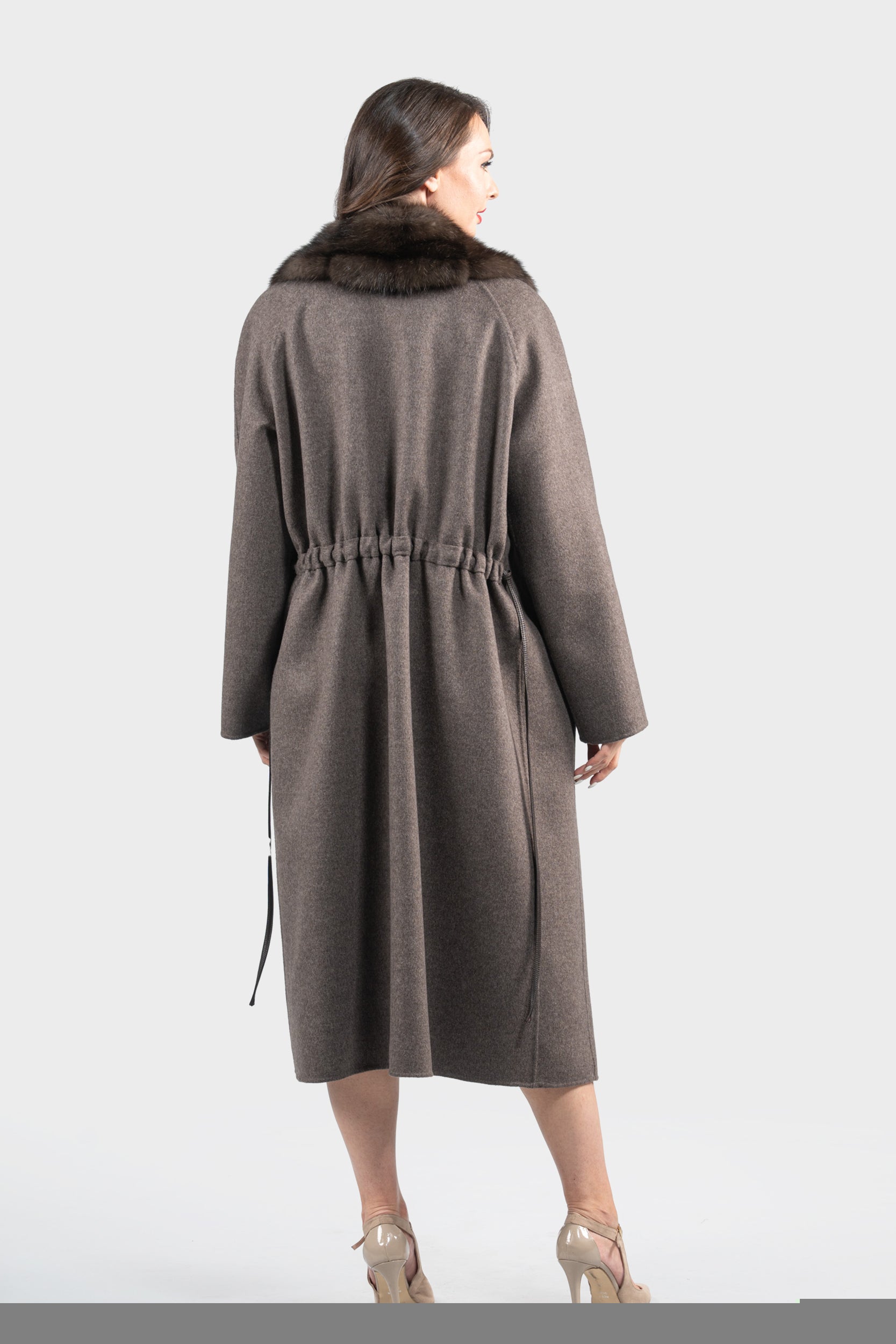 Brown Grey Cashmere Coat with Russian Sable Trim 22CA310