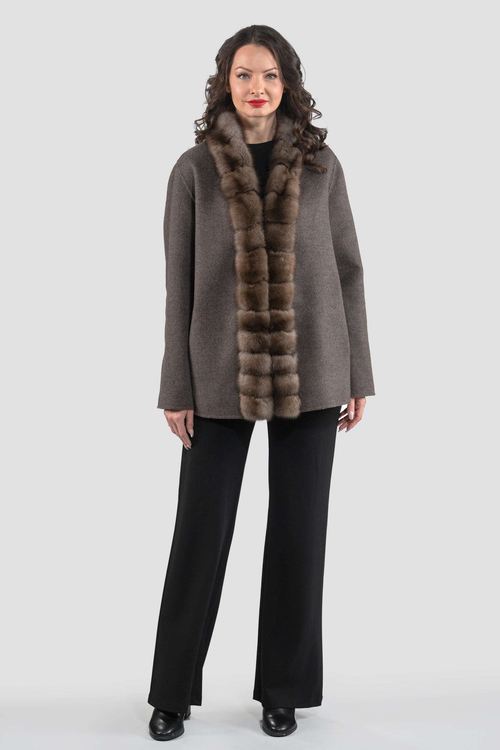 Grey Cashmere Wool Jacket with Russian Sable Trim 21C6080