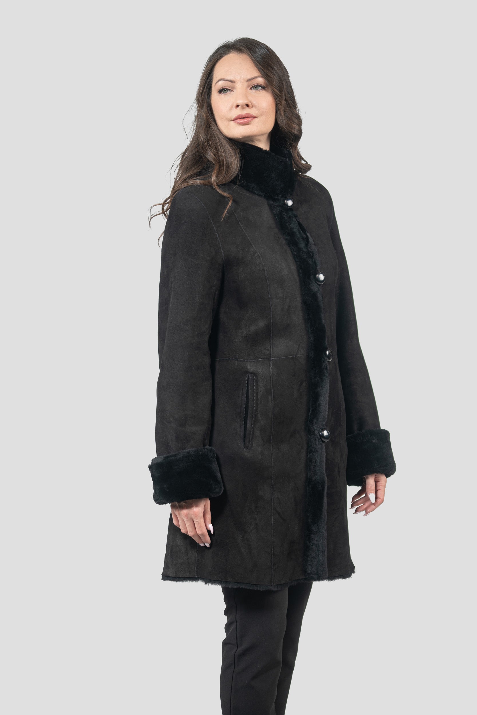 Black Half Coat In Spanish Merino with Stand Collar 207