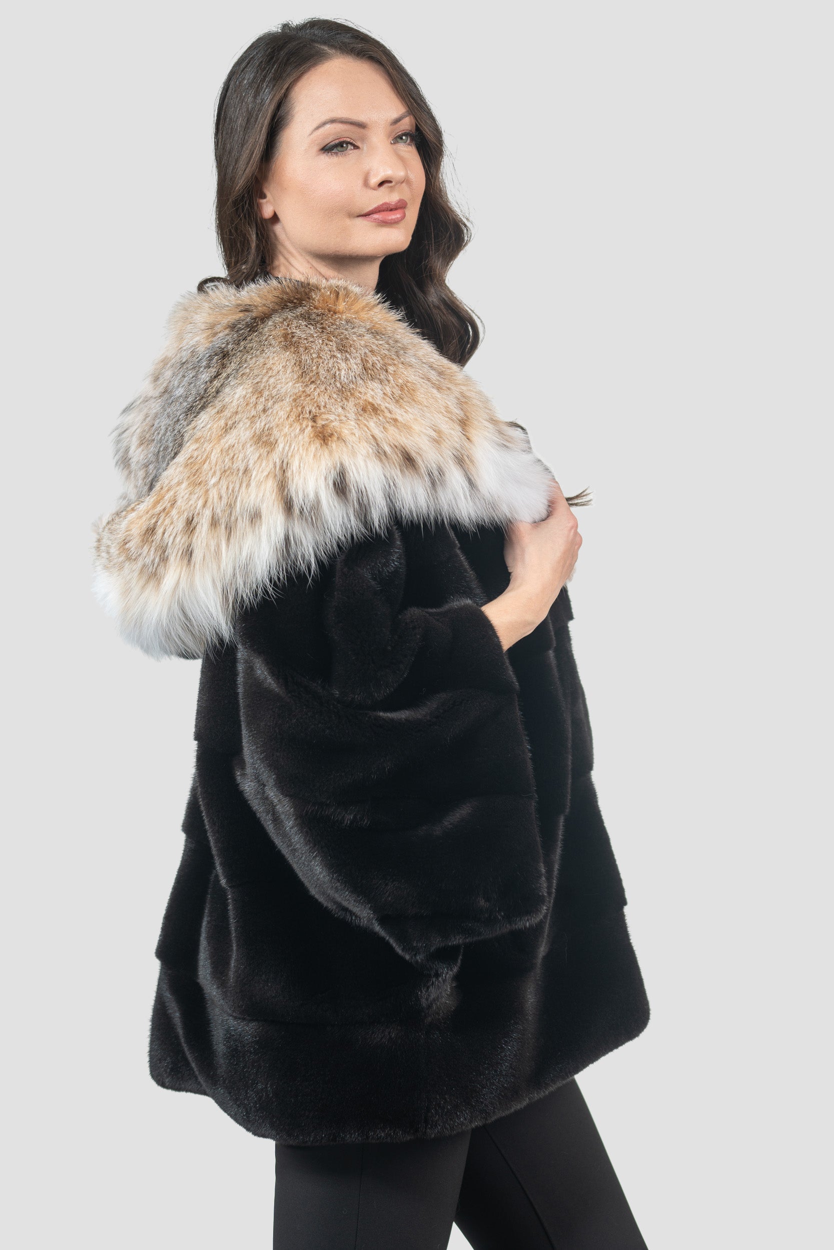 Blackglama Mink Hooded Cape with Bobcat Trim P/K13C949